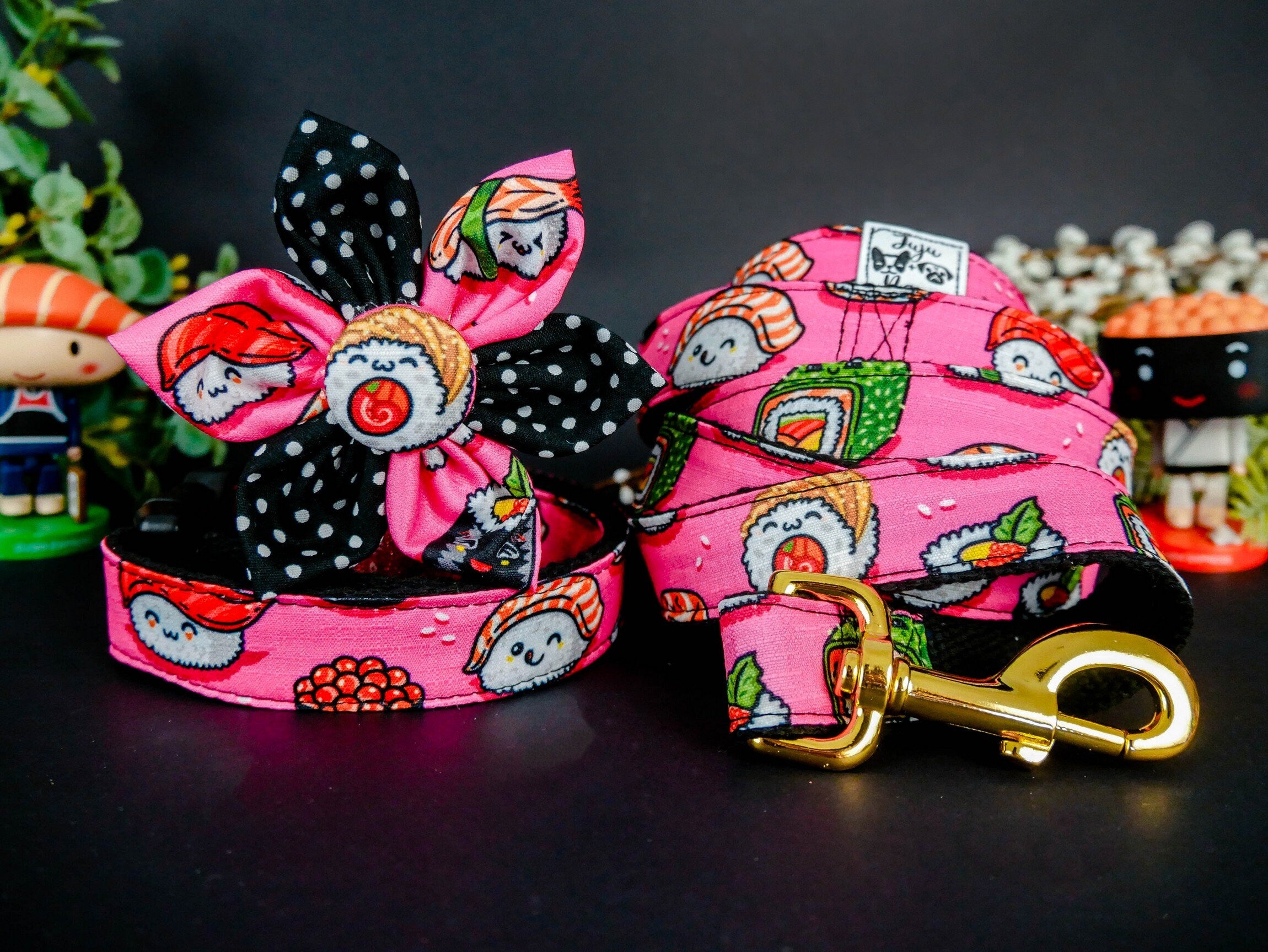 Pink Sushi Dog Flower Collar and Leash Set - Cute Pet Accessories for Small Dogs, Puppies, Cats - Perfect for Walks, Photos, Parties & Special Occasions