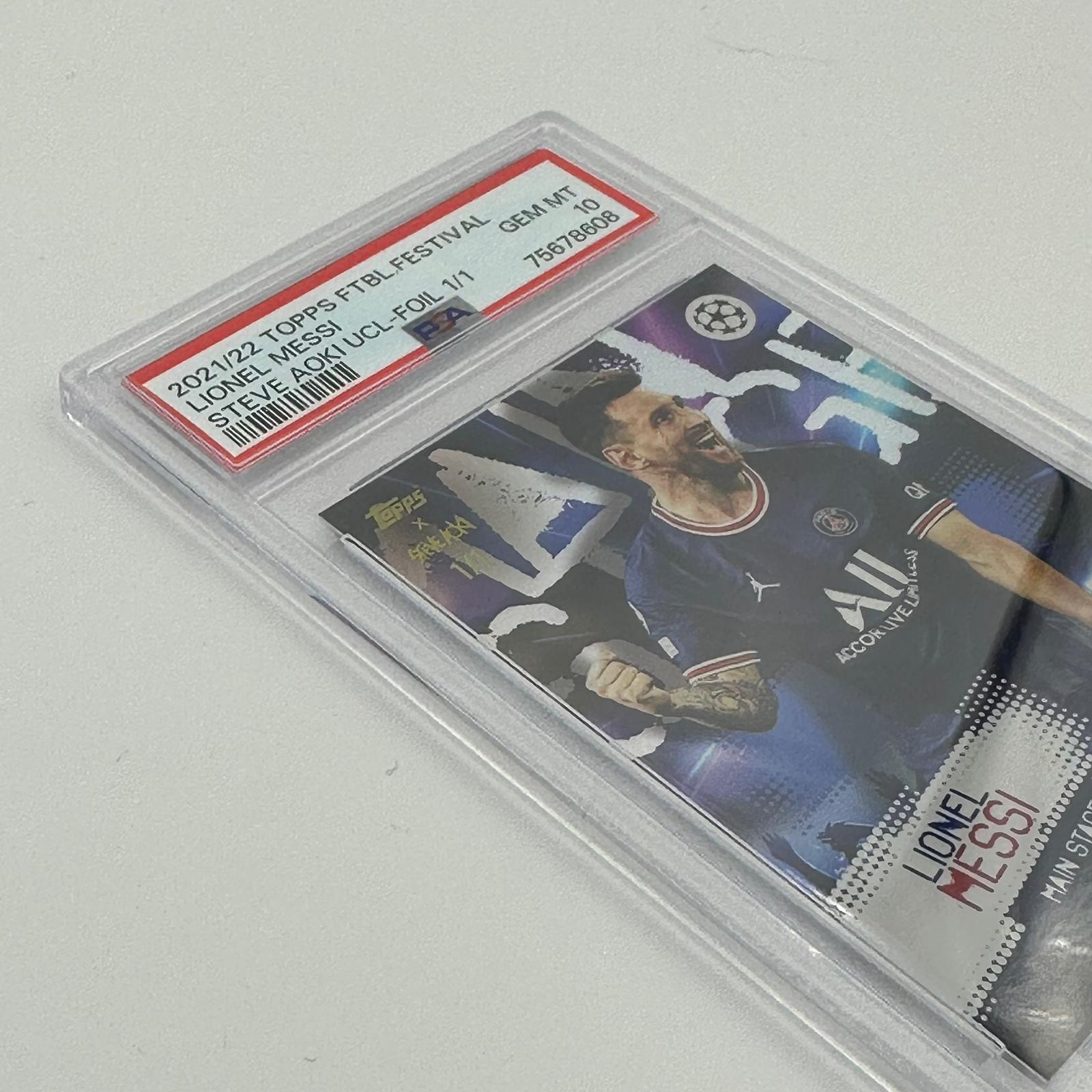 PSA 10 Lionel Messi & Steve Aoki 1/1 Football Festival Foil Card - Rare Collectible for Soccer Fans & Memorabilia Enthusiasts (Perfect for Display, Investment & Sports Collections)