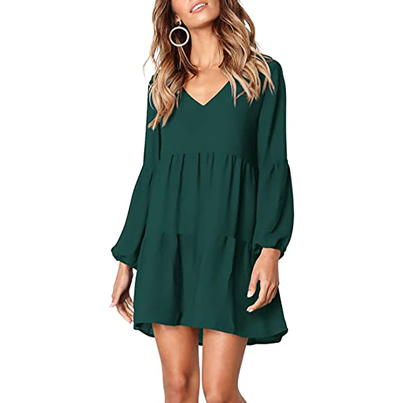 GBSELL Women's Summer Long Sleeve Swing Dress 2023 - Trendy V-Neck Flowy Dress for Casual Outings, Beach Vacations & Date Nights