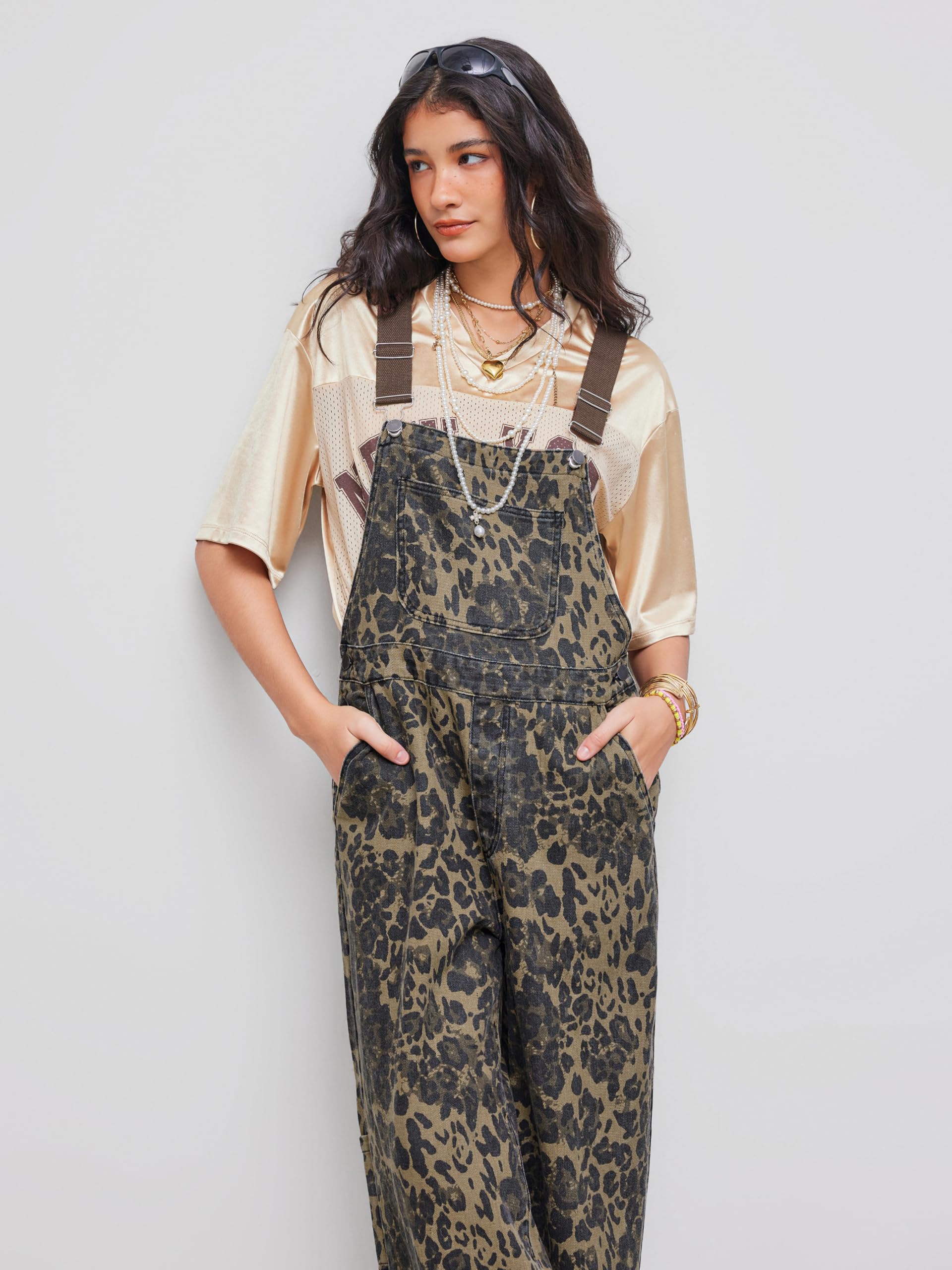 Women's Denim Leopard Print Overalls with Buckle Pocket - Wide Leg Jumpsuit for Casual Outings, Streetwear Fashion & Fall Outfits