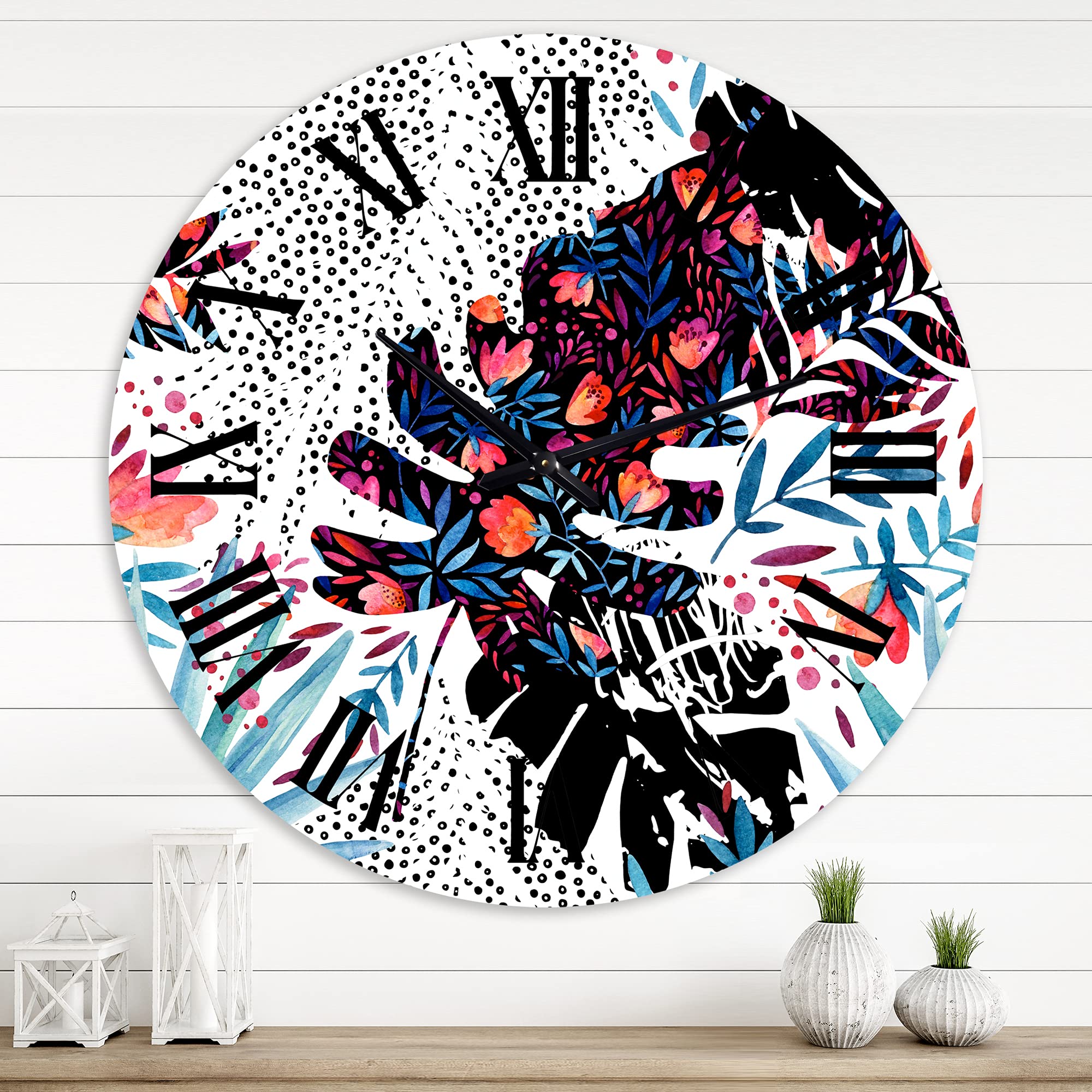 DesignQ Tropical Floral Patchwork Wall Clock - Large Nature-Inspired Decor for Bedroom, Living Room & Office | Perfect Home & Gift Idea