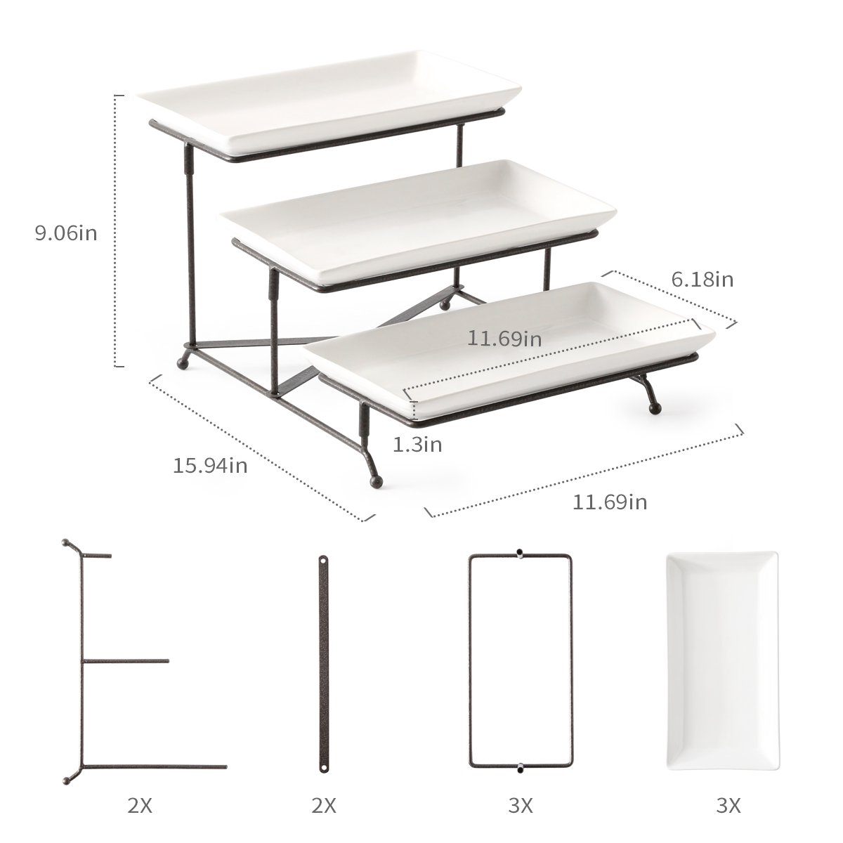 LAUCHUH 3-Tier Collapsible Serving Stand with Porcelain Bowls - Sturdy Dessert & Fruit Display Rack for Parties, Weddings & Home Entertaining