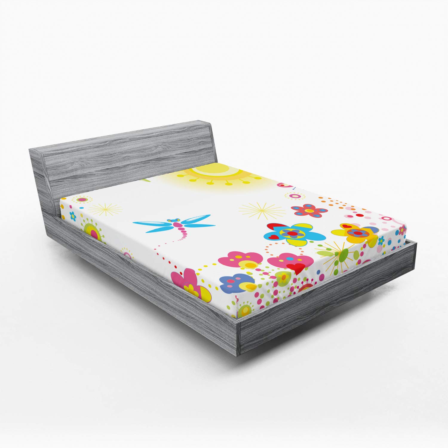 Ambesonne Dragonfly Fitted Sheet King Size - Summer Themed Floral Design with Sun Rays & Colorful Dandelions - Deep Pocket Elastic Bed Cover - Multicolor Happiness Graphic - Perfect for Guest Rooms, Vacation Homes & Summer Bedroom Decor