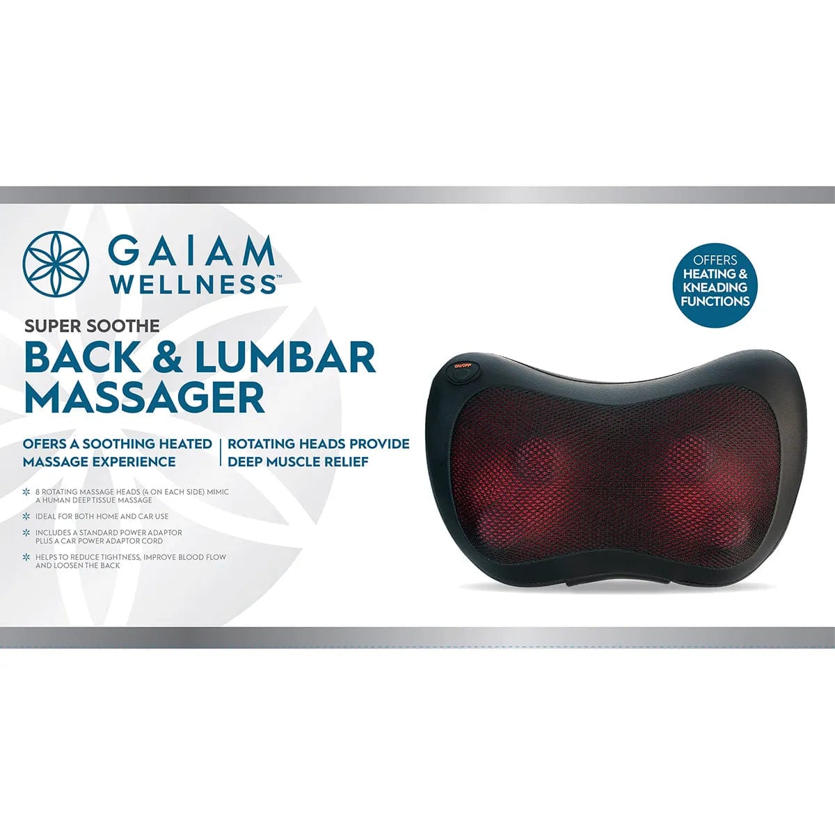GAIAM Back & Lumbar Massager for Pain Relief - Electric Massage Cushion with Heat Therapy - Perfect for Home, Office & Car Use