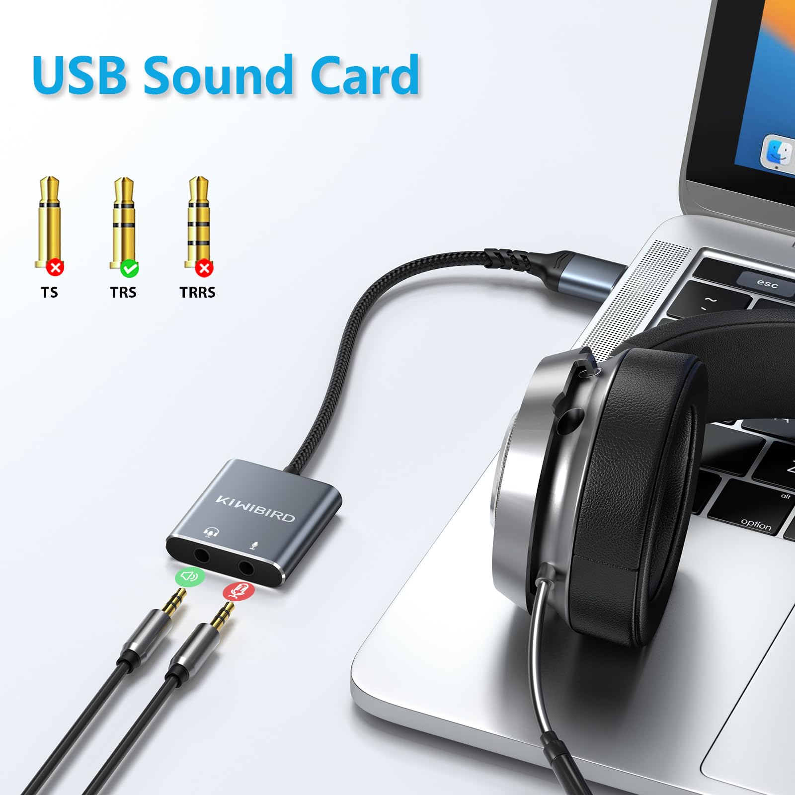 KiWiBiRD USB to 3.5mm Audio Adapter - External Sound Card with Microphone Support for Headphones & Earphones - Compatible with PS5, PS4, MacBook Pro/Air, Windows PC, Mac OS, Raspberry Pi - Perfect for Gaming, Video Calls & Music Streaming