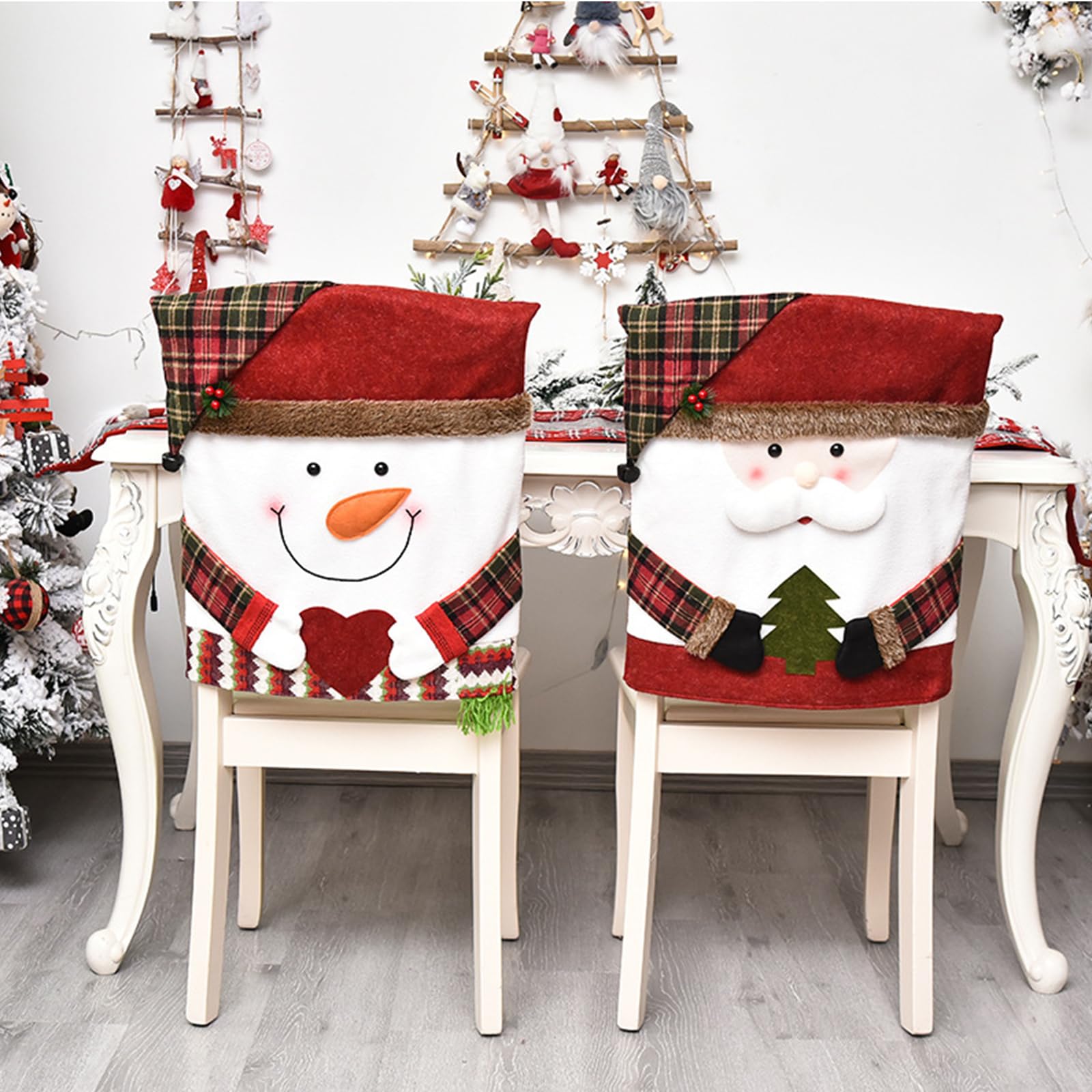 Christmas Chair Covers Set of 2 - Santa Snowman Holiday Chair Back Covers for Dining Room, Kitchen & Party Decor (Red & Green, Large) - Perfect for Christmas Dinner, Holiday Gatherings & Festive Home Decor