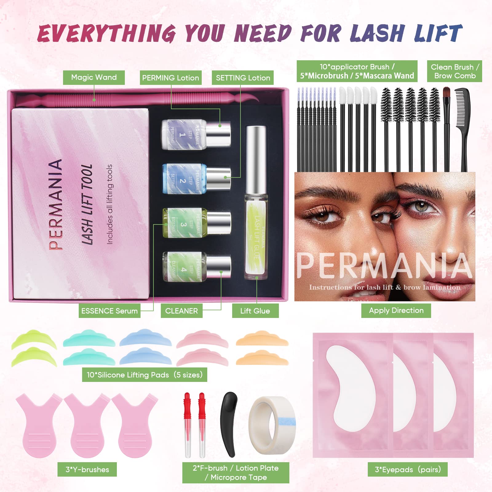 PERMANIA Professional Lash Lift & Brow Lamination Kit - Salon Quality Eyelash Perm for Long-Lasting Curls & Fuller Eyebrows (Lasts 6 Weeks) - Perfect for Home Use, Bridal Makeup, and Salon Treatments