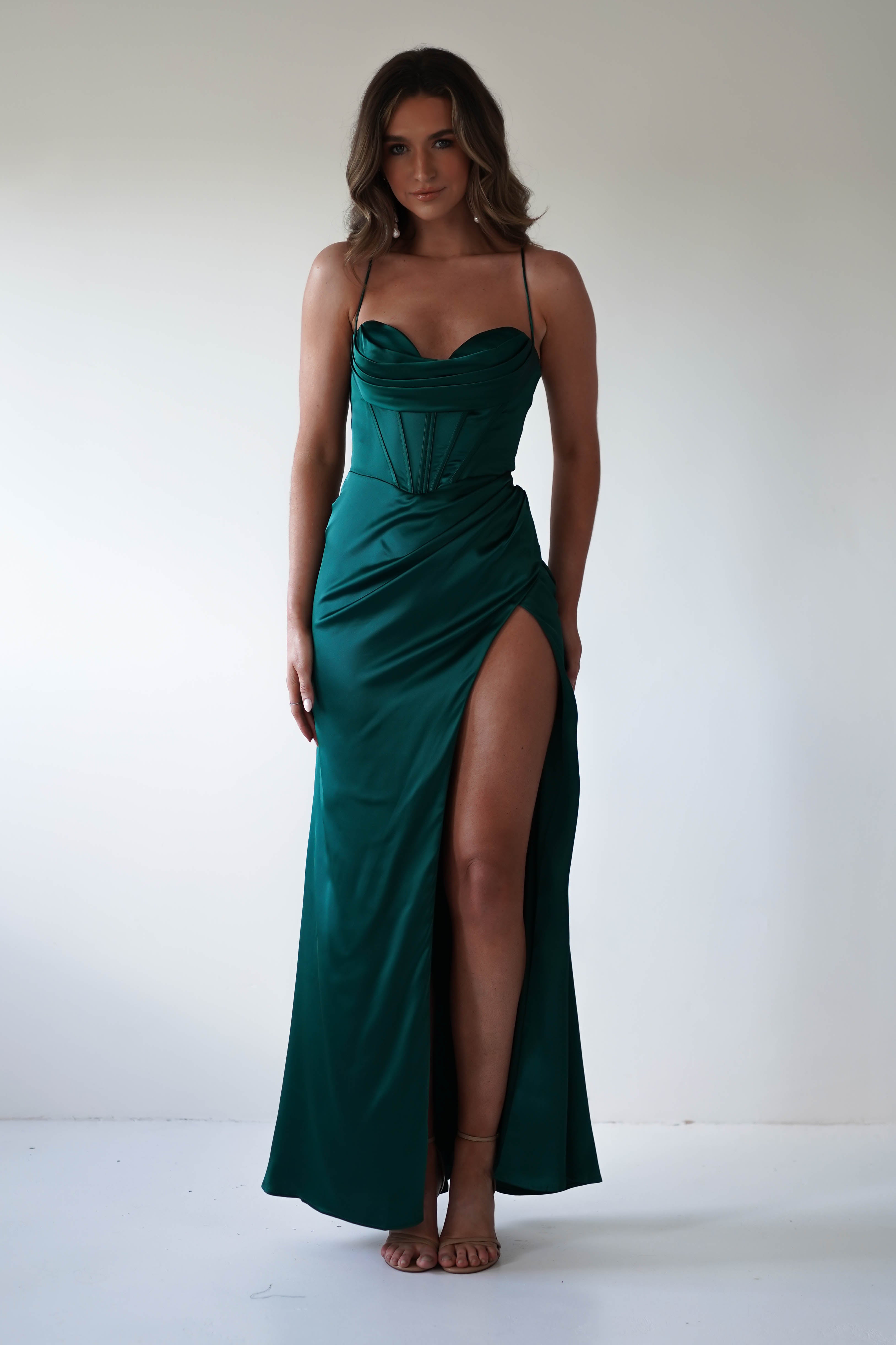 Julianne Corset Satin Gown - Emerald Green Formal Dress for Women | Perfect for Evening Gala, Prom Night & Special Occasions