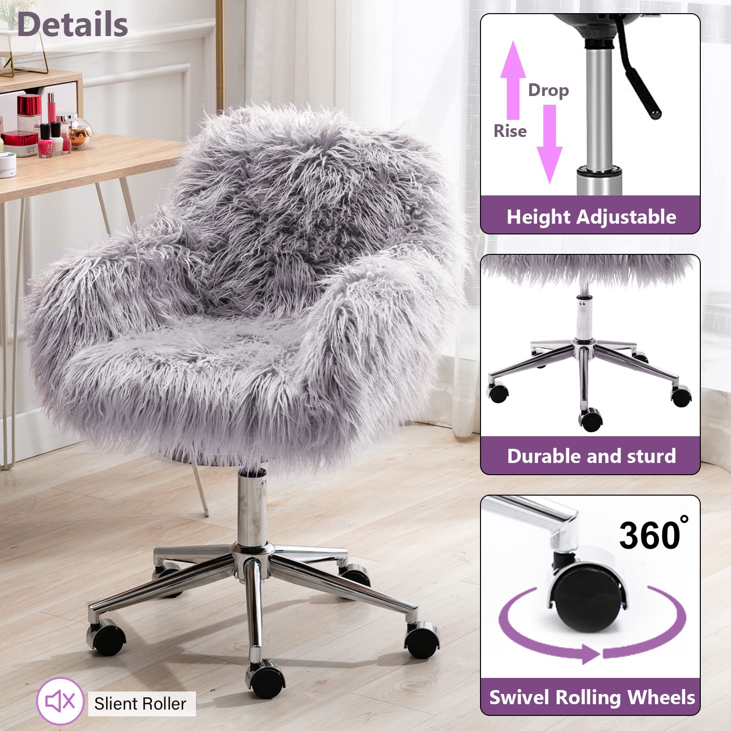 HomVent Faux Fur Office Chair with Wheels & Armrest - Modern Vanity Makeup Chair for Women, Girls Bedroom, Living Room & Home Office - Soft Grey Accent Chair for Working, Studying & Beauty Routines