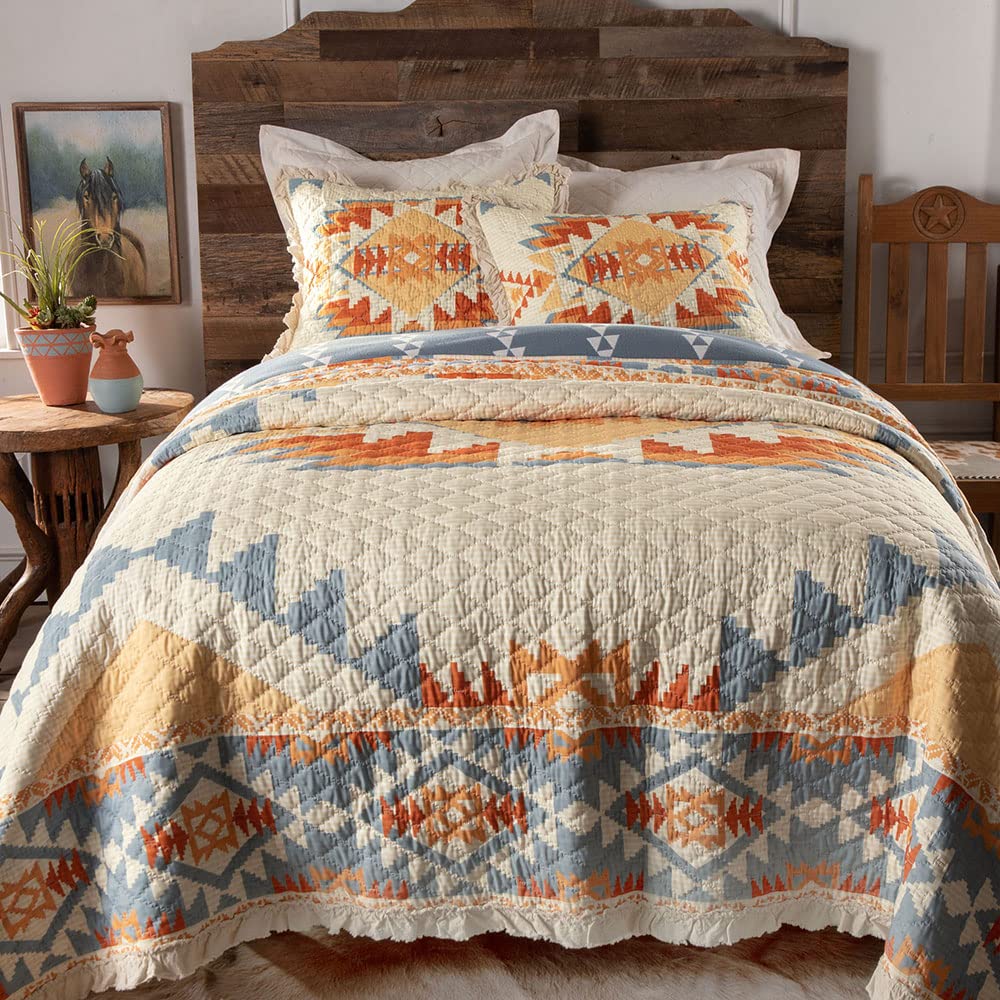 Southwest Aztec Geometric King Quilt with Ruffle Trim - Blue, Orange, Rust, Tan, Cream - 105x95 Inches - Perfect for Southwestern, Boho, or Native American Style Bedrooms