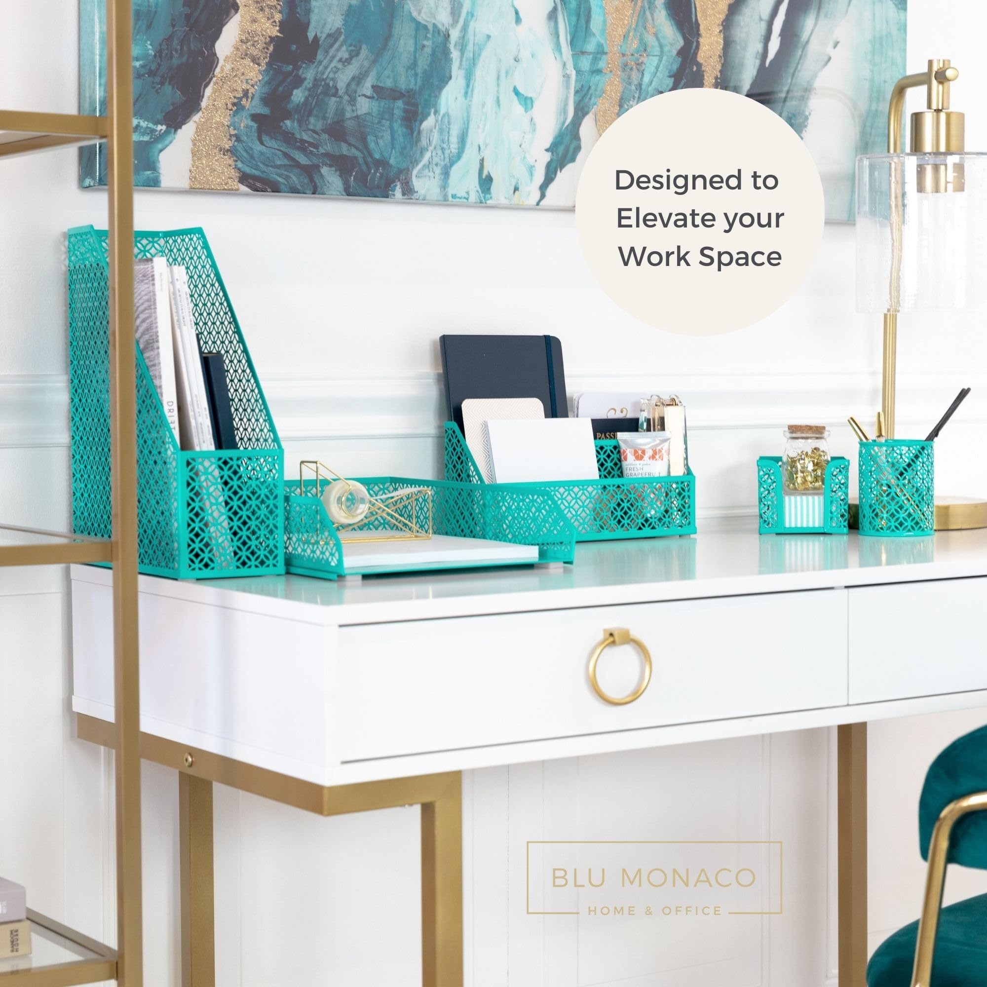 BLU MONACO Dark Teal 6-Piece Desk Organizer Set - Stylish Office Accessories for Mail, Sticky Notes, Pens, Magazines & Documents | Perfect for Home Office, Study Desk & Workspace Organization