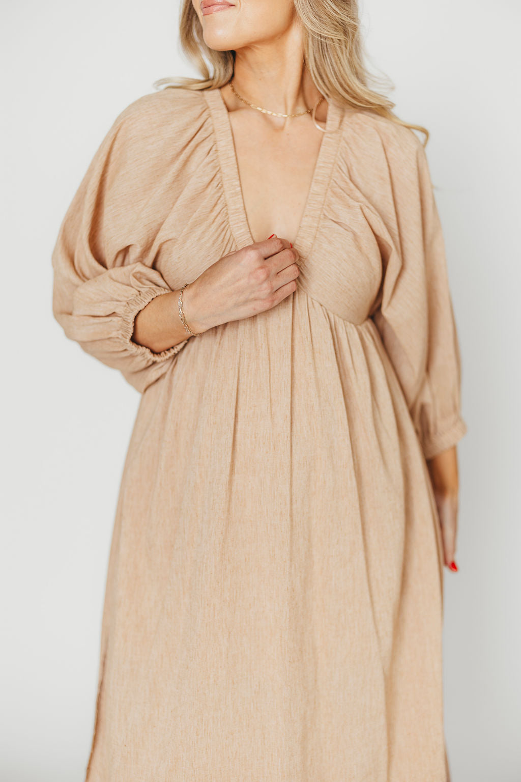 Finn V Neck Midi Dress in Taupe - Elegant Women's Casual & Party Dress for Work, Date Night & Special Occasions