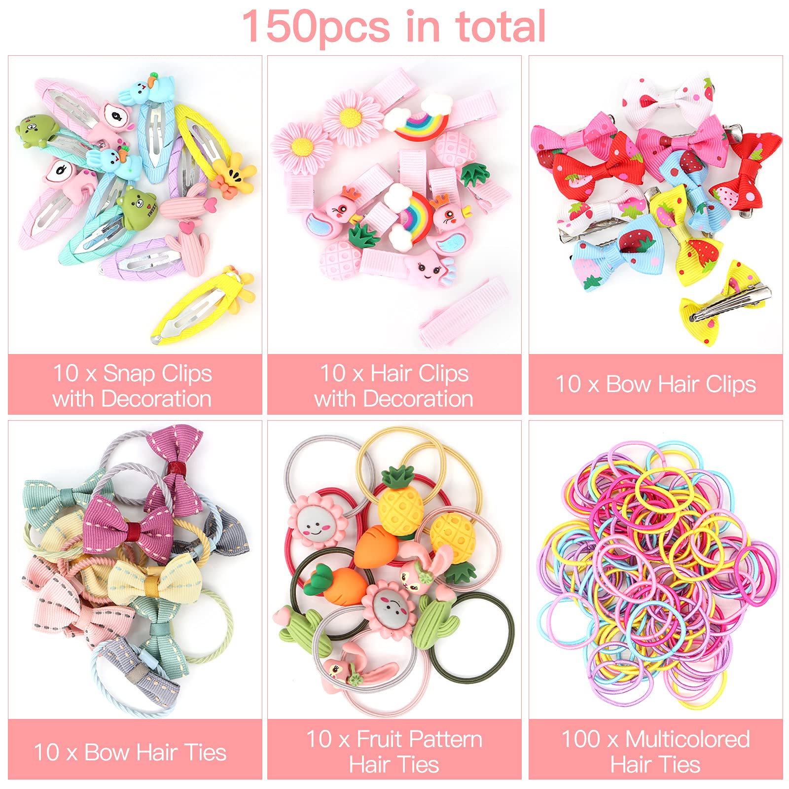 VEGCOO 150 Pcs Girls Hair Accessories Set - Cute Bow Clips, Floral Hair Clips, Elastic Rubber Hair Ties for Toddler & Kids - Perfect for School, Party, and Daily Hairstyles