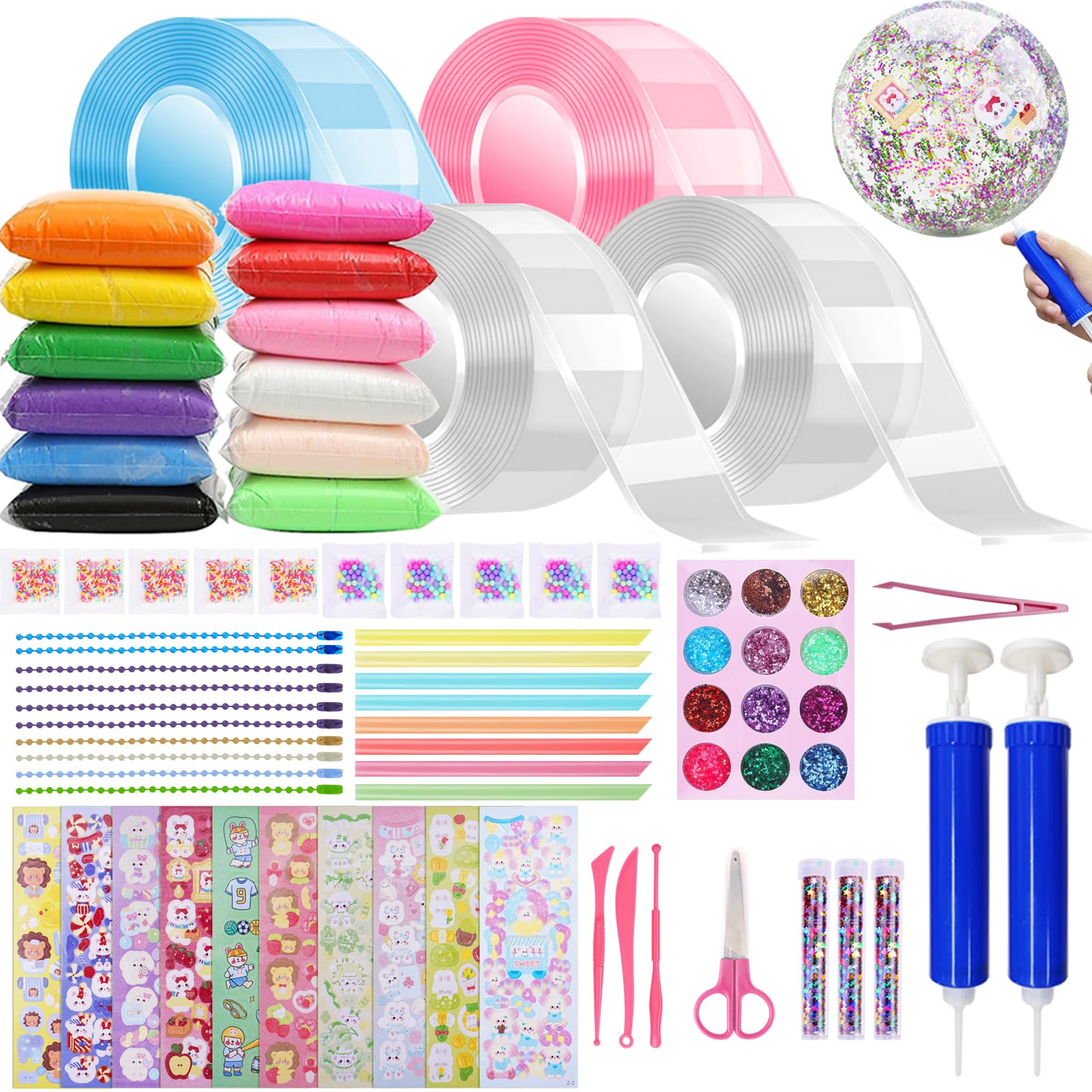 78-Piece Nano Tape Bubble Set - 4 Nano Tapes, 4 Bubble Tapes, 2 Pumps & 72 Glitter Stickers for DIY Crafts, Party Favors, Home Decor, Kids Activities and Gift Giving