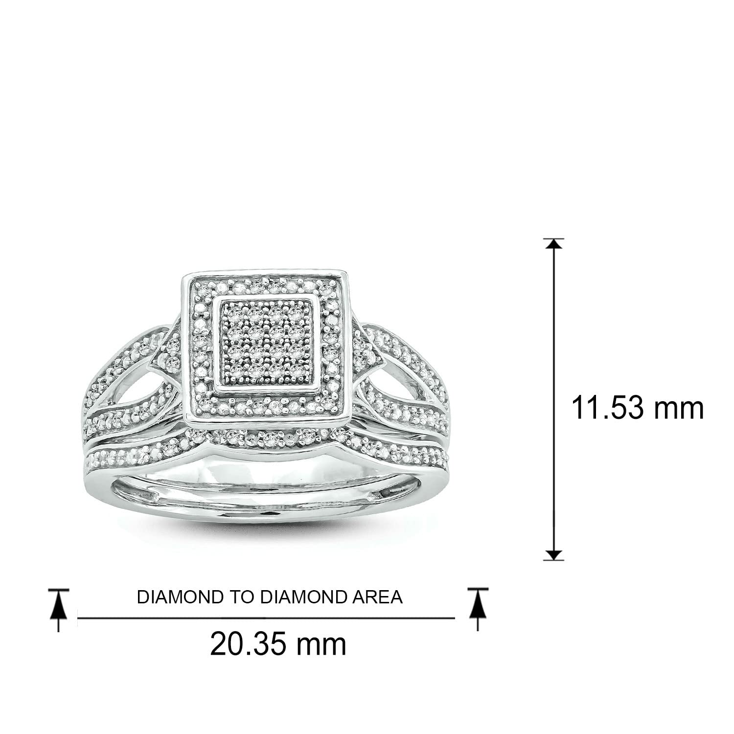 1/5 Carat Diamond Square Cluster & Halo Engagement Ring Set with Matching Wedding Band for Women - 925 Sterling Silver Bridal Jewelry Set - Perfect for Proposals, Anniversaries & Special Occasions