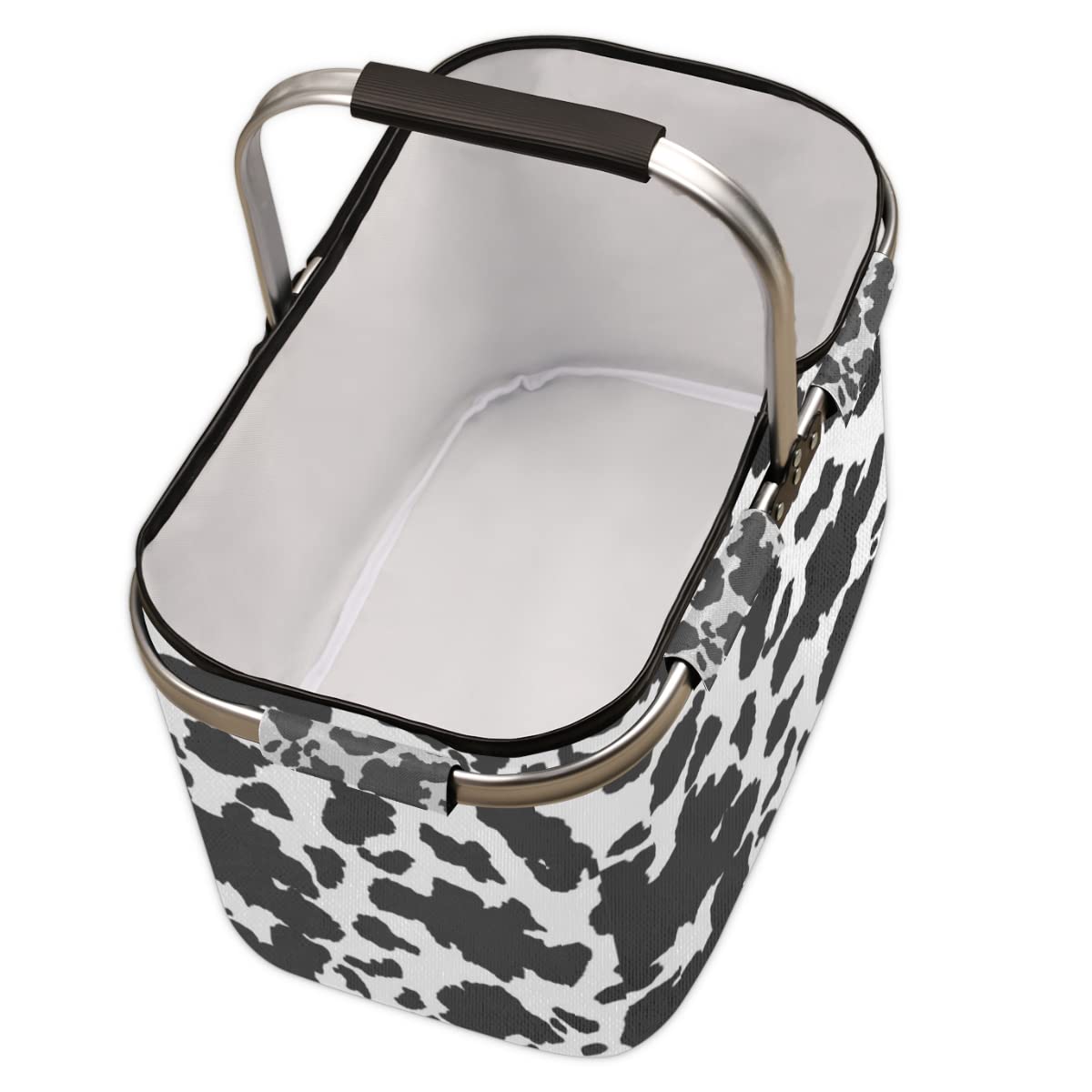 Collapsible Large Animal Print Reusable Shopping Tote Bag - Heavy Duty Grocery Bag with Handles - Foldable Picnic Basket for Travel, Camping, Beach & Market Use - Cow Pattern Design for Stylish Shopping & Outdoor Activities