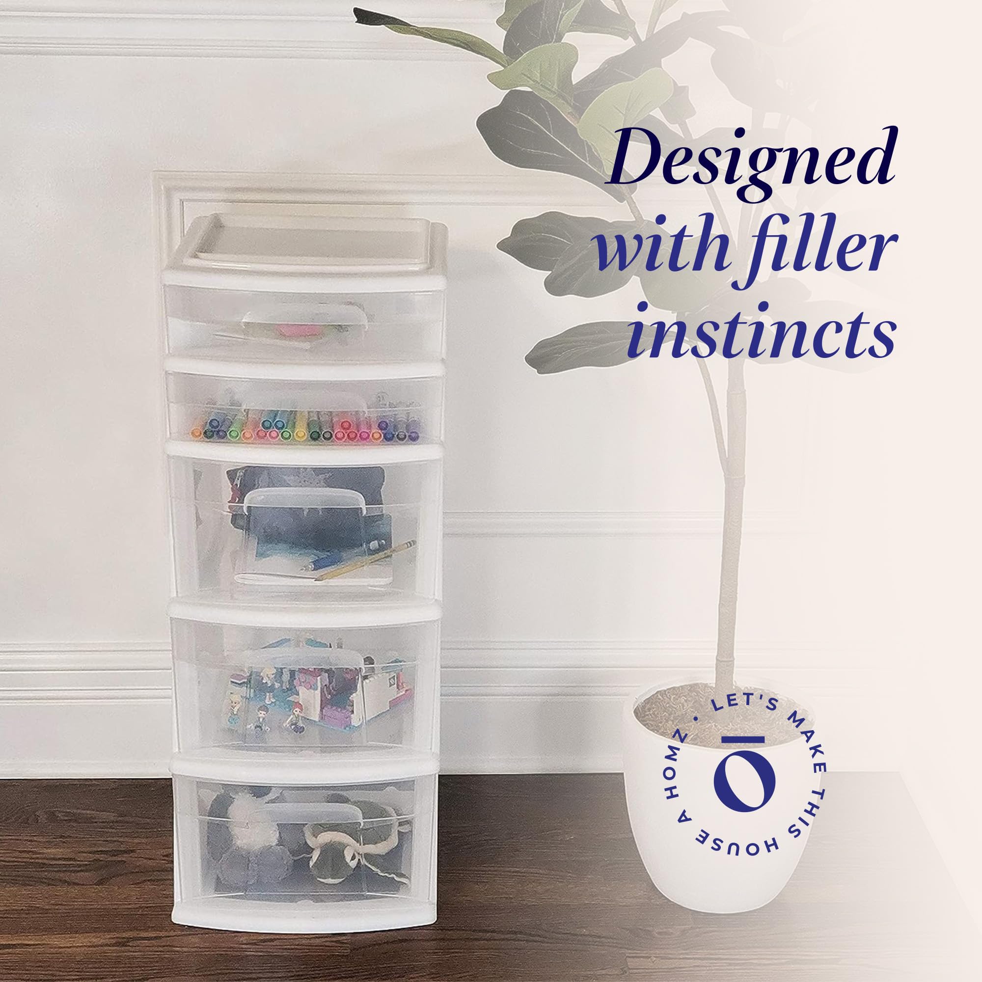 HOMZ 2-Pack 5-Tier Clear Plastic Storage Drawer Tower Organizer with White Frame - Perfect for Bedroom, Closet, Office & Craft Room Organization