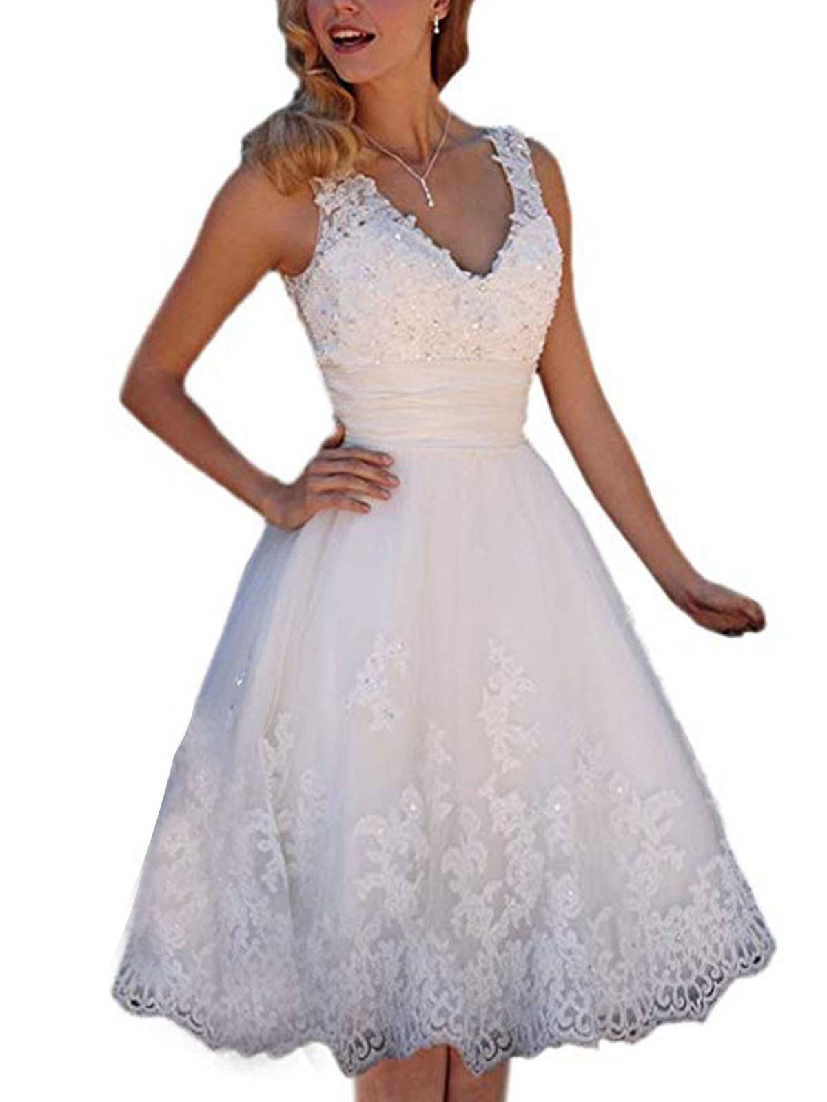 Elegant Short Lace Wedding Dress with V-Neck & Rhinestones | Knee-Length Tulle Vintage Bridal Gown | Perfect for Beach Weddings, Destination Elopements & Romantic Photoshoots
