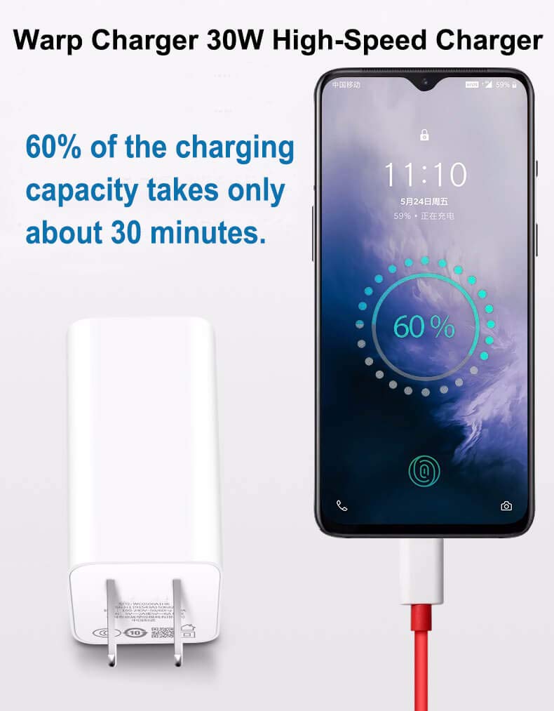 30W Warp Charger Fast USB-C Wall Adapter with 3.3FT Cable - Quick Charge for OnePlus 9/8 Pro/7T/6/5T/5/3T/3 - Perfect for Home, Office & Travel (White)