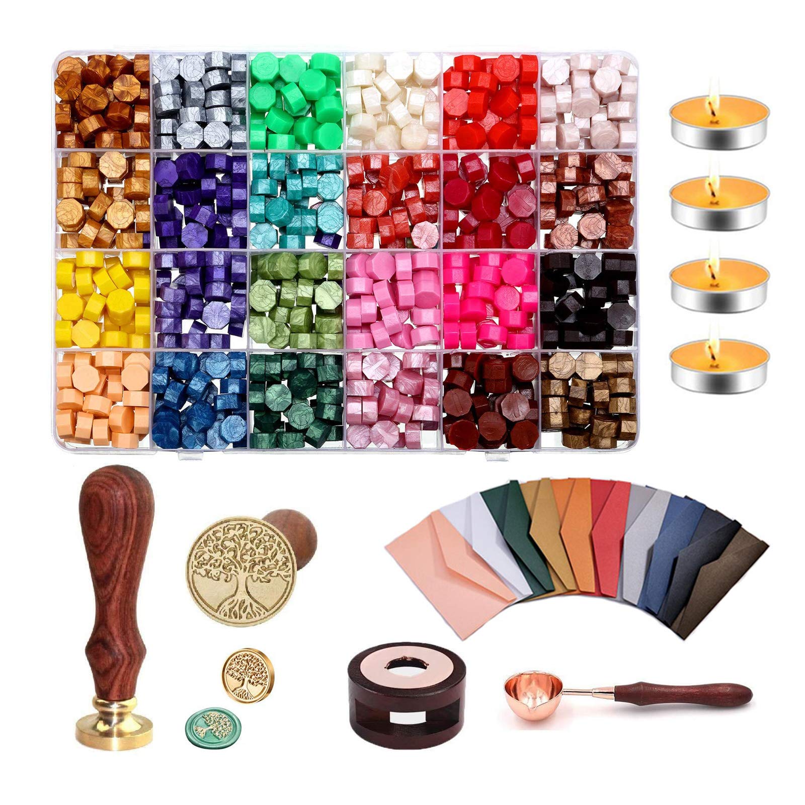 741pcs Wax Seal Kit with 24 Colors Wax Beads, Handle, Stamp Head, Melting Spoon, Wooden Warmer, 4 Candles & 12 Envelopes - Perfect for Wedding Invitations, Scrapbooking & DIY Crafts