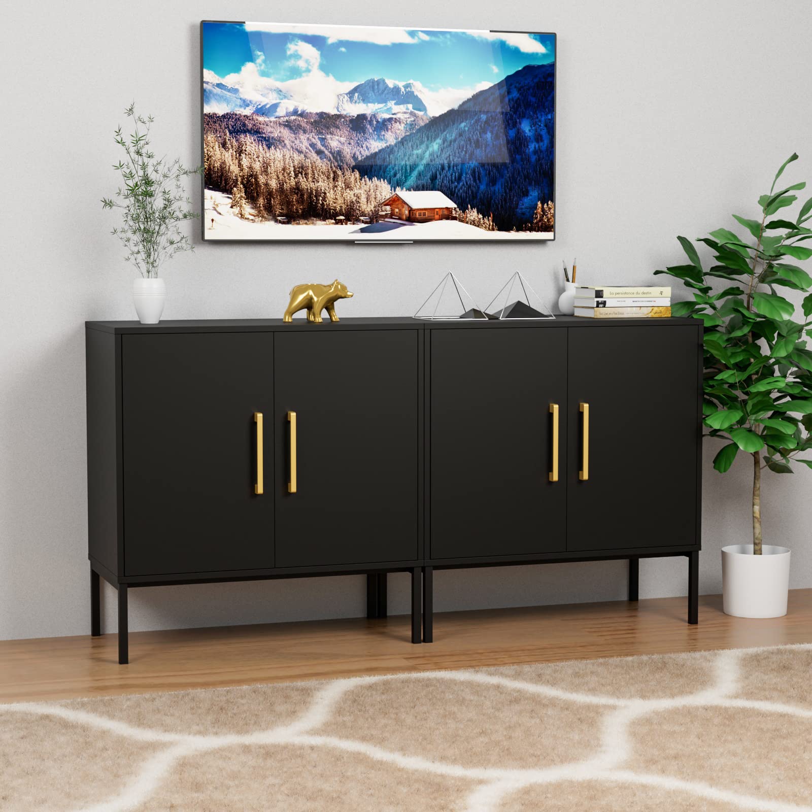 CARPETNAL 2-Piece Accent Storage Cabinet Set with Doors & Adjustable Shelves - Freestanding Buffet Sideboard for Living Room, Dining Room, Kitchen, Hallway - Modern Home Organization Furniture (Black) | Perfect for Displaying Decor, Storing Dishes & Creating Extra Counter Space