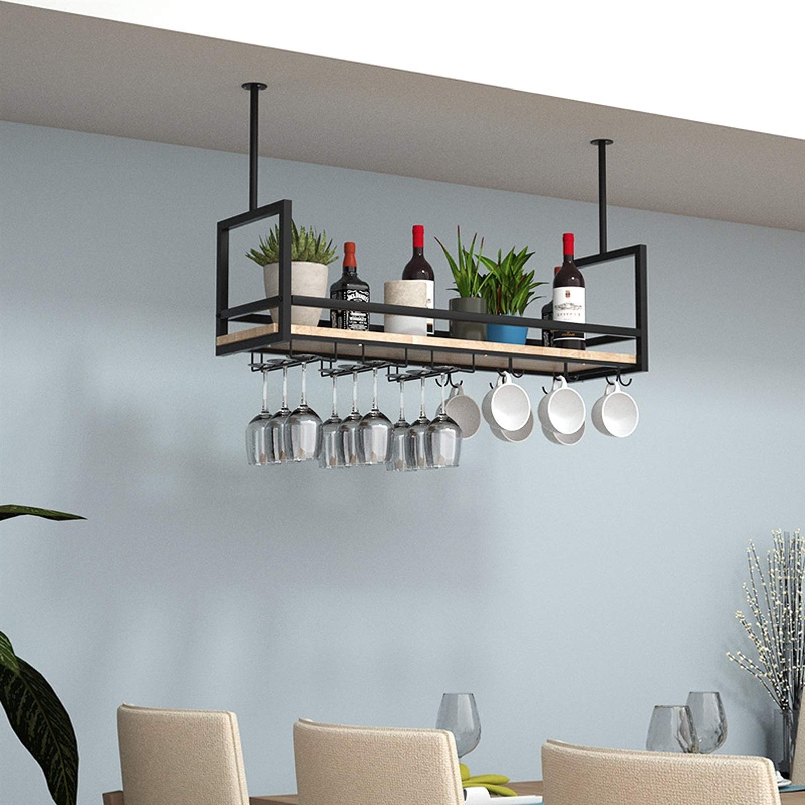 **Black Iron & Solid Wood Ceiling Wine Glass Racks - Hanging Storage Shelves for Kitchen, Bar & Restaurant - Easy to Install with Guardrail - Perfect for Wine Glass Organization & Stylish Display**