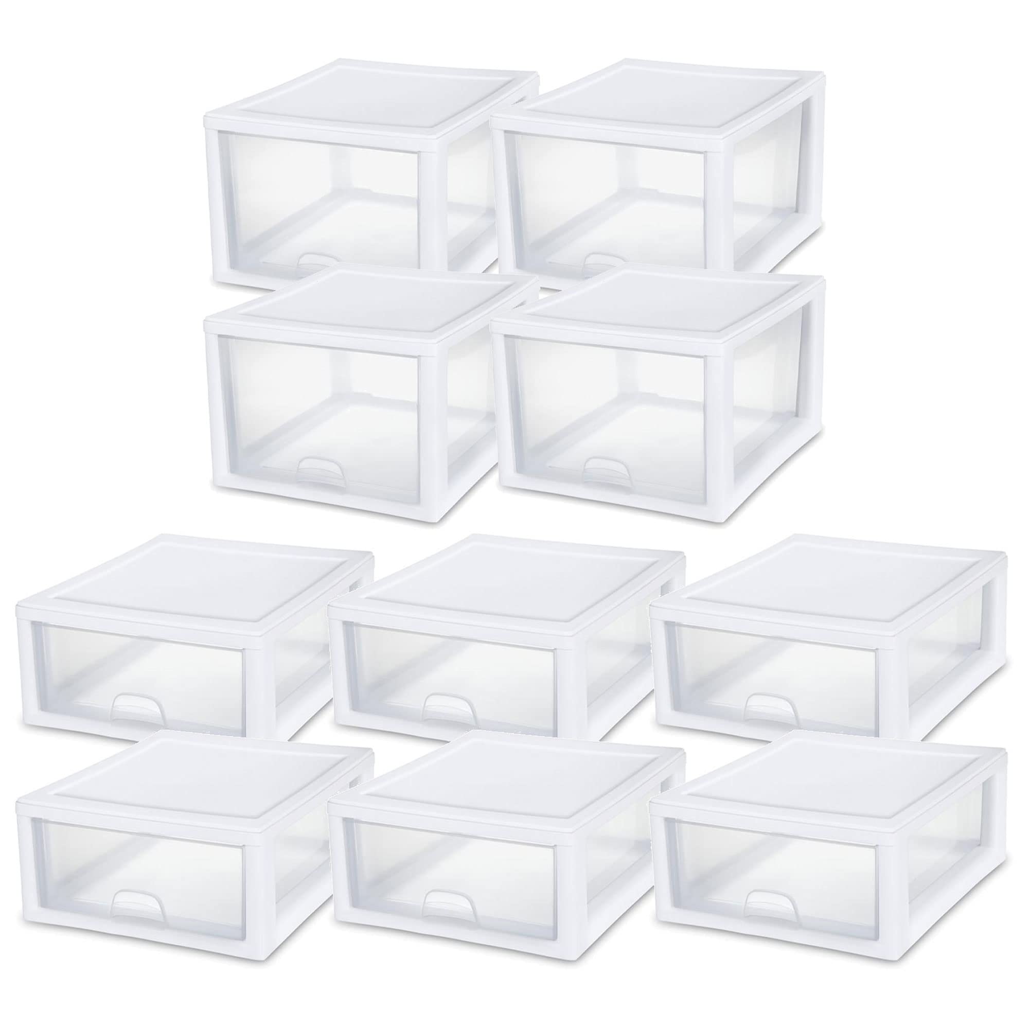 Sterilite 27 Quart (4 Pack) & 16 Quart (6 Pack) Clear Plastic Stackable Storage Drawers - White Organizer Bins for Home, Office & Closet Organization