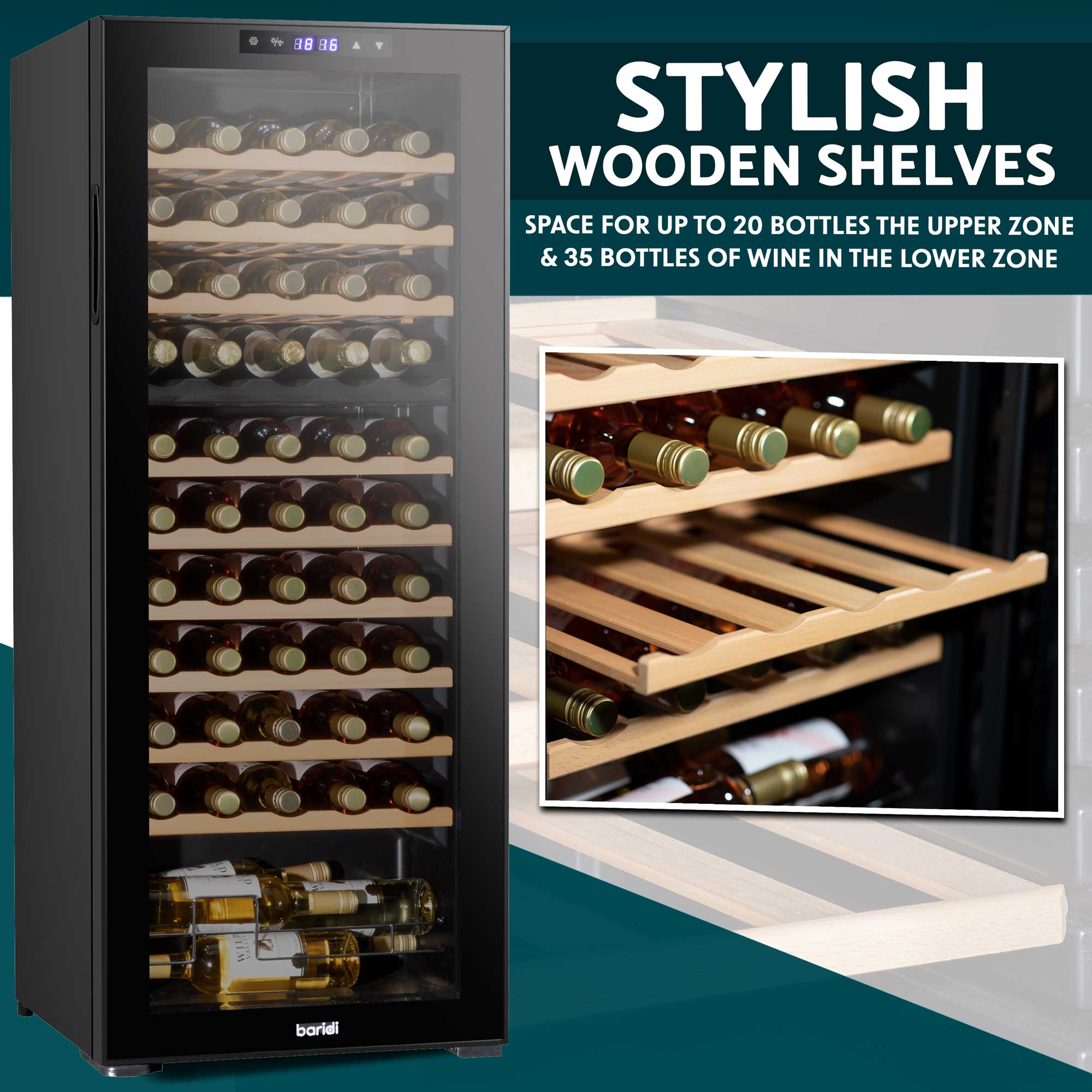 Baridi 55 Bottle Dual Zone Wine Cooler Refrigerator - Touch Screen Control, Wooden Shelves, LED Display for Home, Office, or Restaurant Use - Perfect for Storing Red, White, and Sparkling Wines