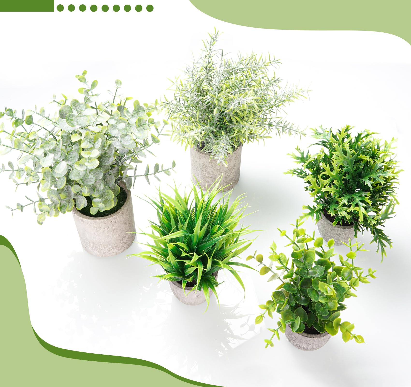 5 Pack Mini Artificial Potted Plants - Small Fake Eucalyptus Greenery & Plastic Faux Grass for Home Decor, Indoor Office, Table Centerpiece, Farmhouse Style | Perfect for Desk Decor, Wedding Centerpieces & Shelf Displays
