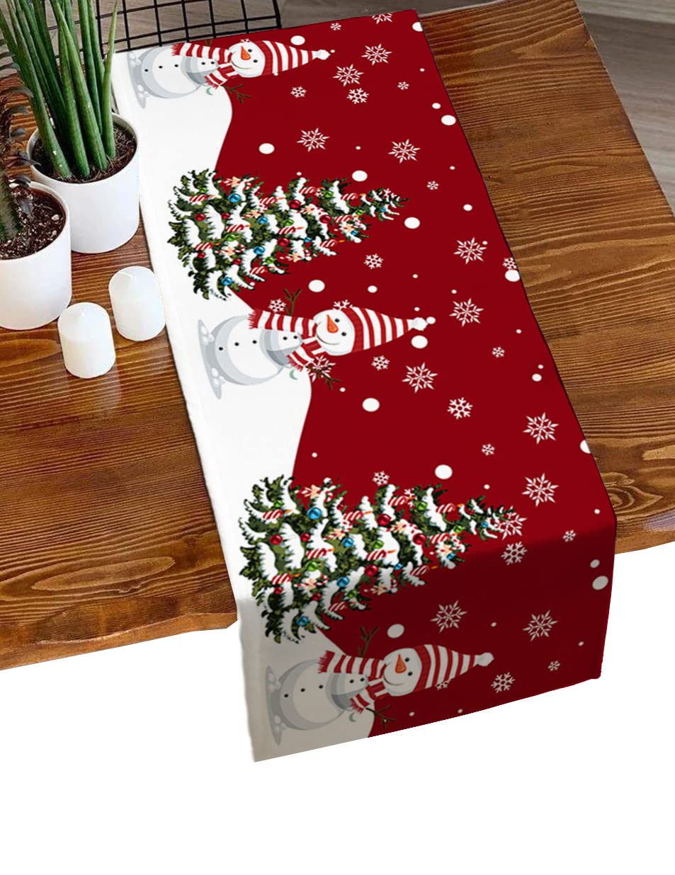 JasmineM 36 Inch Christmas Table Runner - Holly Tree Snowman Farmhouse Cotton Linen Tablecloth for Holiday Party Wedding Decor | Xmas Snow Red Design | Perfect for Coffee Tables, Dining Tables, and Seasonal Home Decor