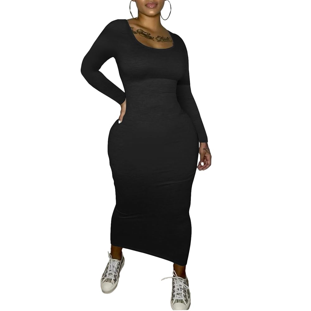 PINSV Women's Bodycon Maxi Dress - Scoop Neck Long Sleeve Wrap Dress for Casual Wear, Party & Date Night | Flattering Stretchy Fabric for Comfort & Style