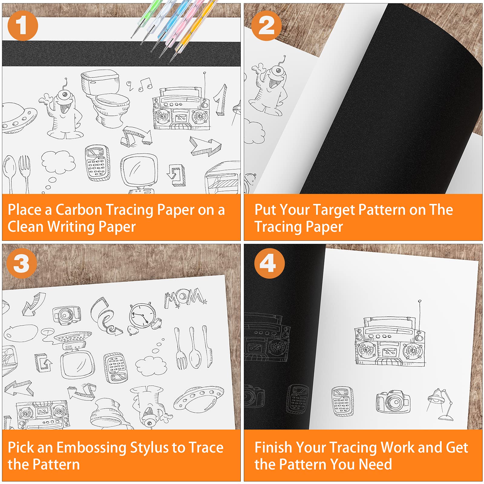 100 Sheets White Tracing Paper & Carbon Transfer Paper with 5 Ball Embossing Styluses - Perfect for Wood Burning, Art Crafts, Canvas Painting & DIY Projects - Ideal for Artists, Crafters & Hobbyists