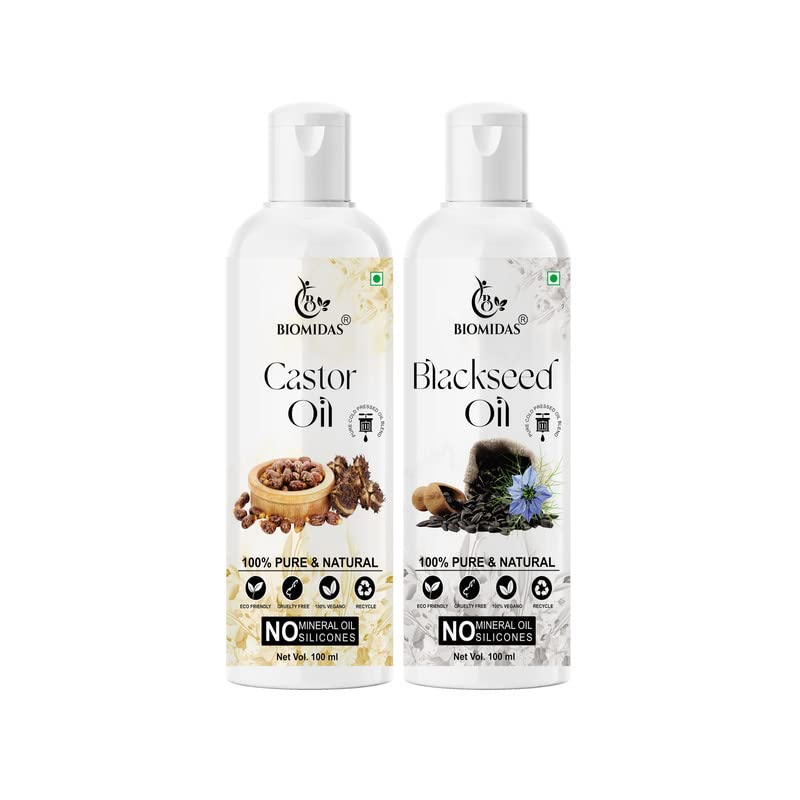 Biomidas 100% Pure Castor Oil & Bhringraj Oil Combo Set (100ML Each) - Promotes Rapid Hair Growth, Reduces Hair Fall, Repairs Split Ends for Softer & Shinier Hair - Natural Hair Care Treatment for Men & Women - Perfect for Daily Hair Care Routine & Scalp Massage