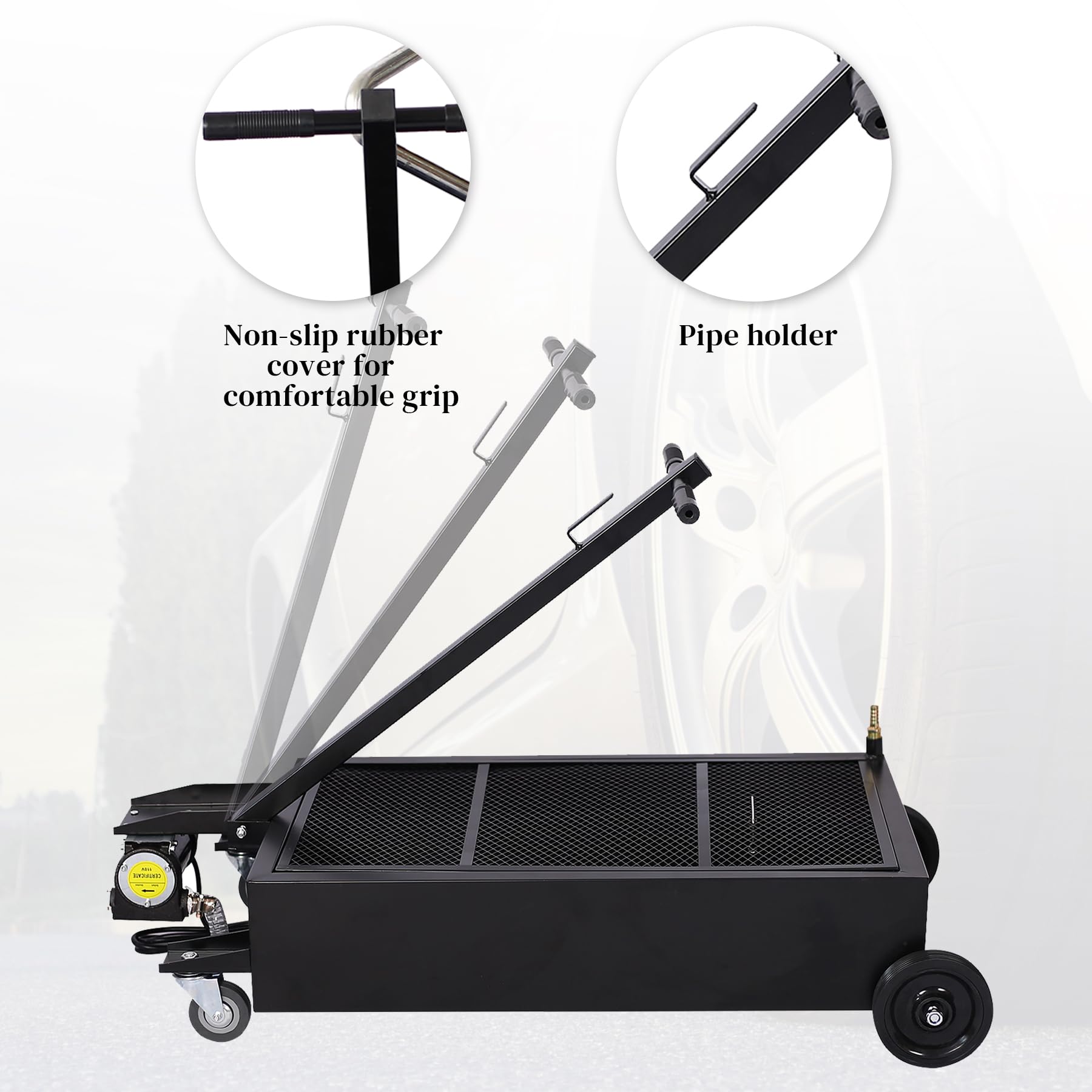 20 Gallon Oil Drain Pan with Electric Pump - Low Profile Oil Change Pan with T-Handle & J-Hook for Easy Draining - Heavy Duty Black Oil Pan for Garage, Workshop & DIY Car Maintenance