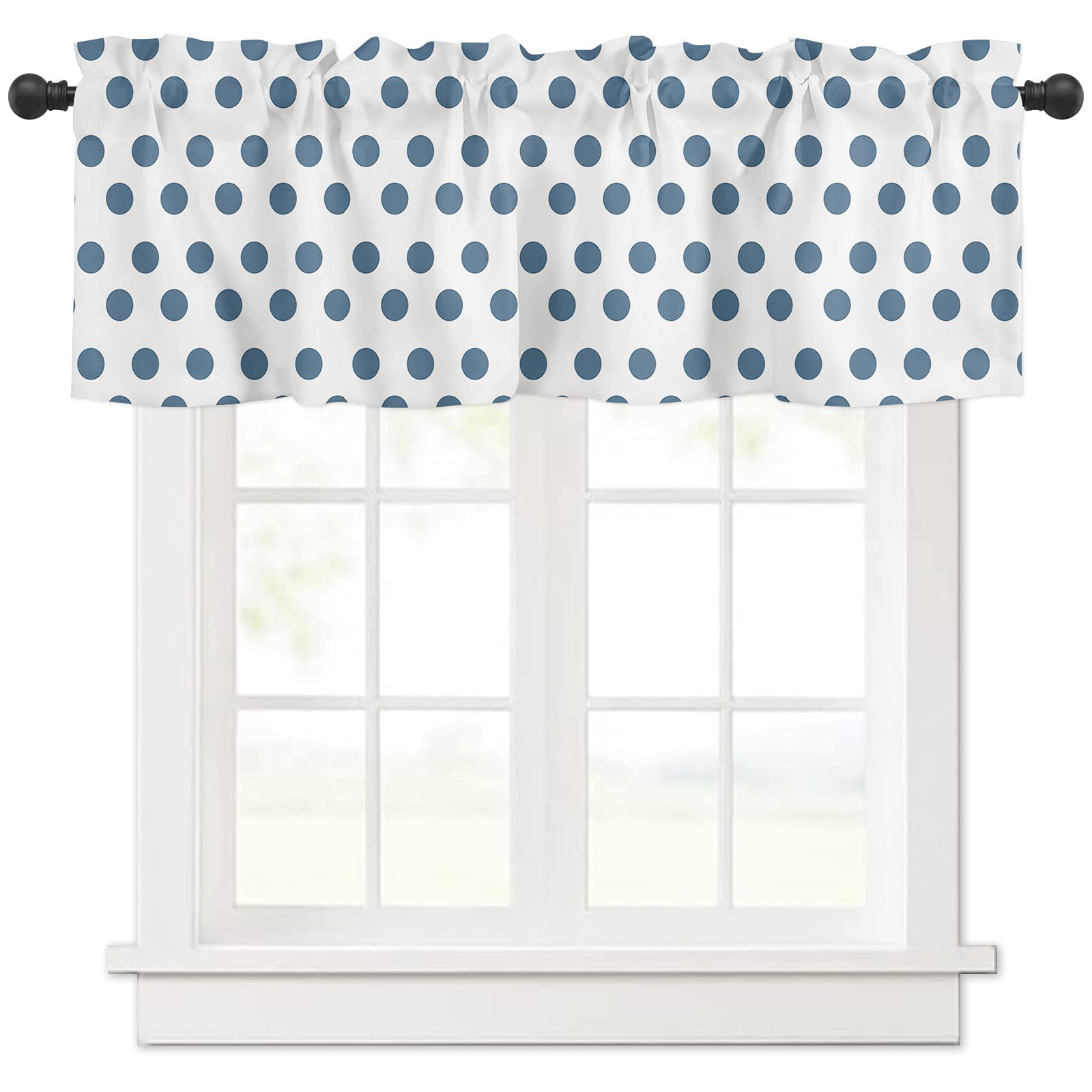 Blue Polka Dot Geometric Window Valance - White Rod Pocket Cafe Curtain for Kitchen, Bedroom & Living Room - 54x18 Inches - Simple Style Home Decor for Farmhouse, Cottage & Modern Houses