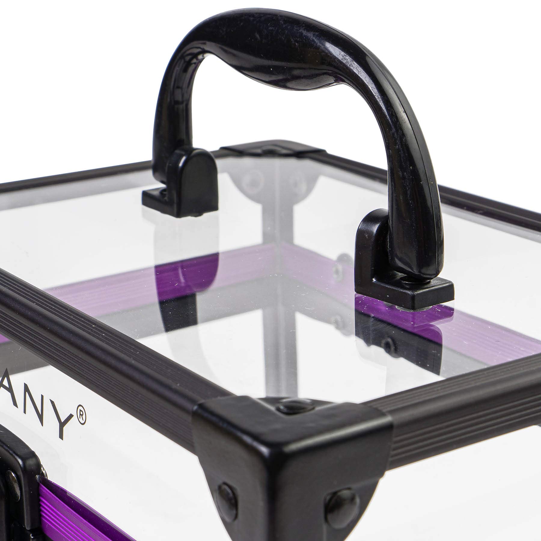 SHANY Clear Travel Makeup Bag Organizer - Large Clear Cosmetics & Toiletry Train Case with Secure Closure, Black/Purple Accents - Perfect for Travel, Gym, and Home Storage