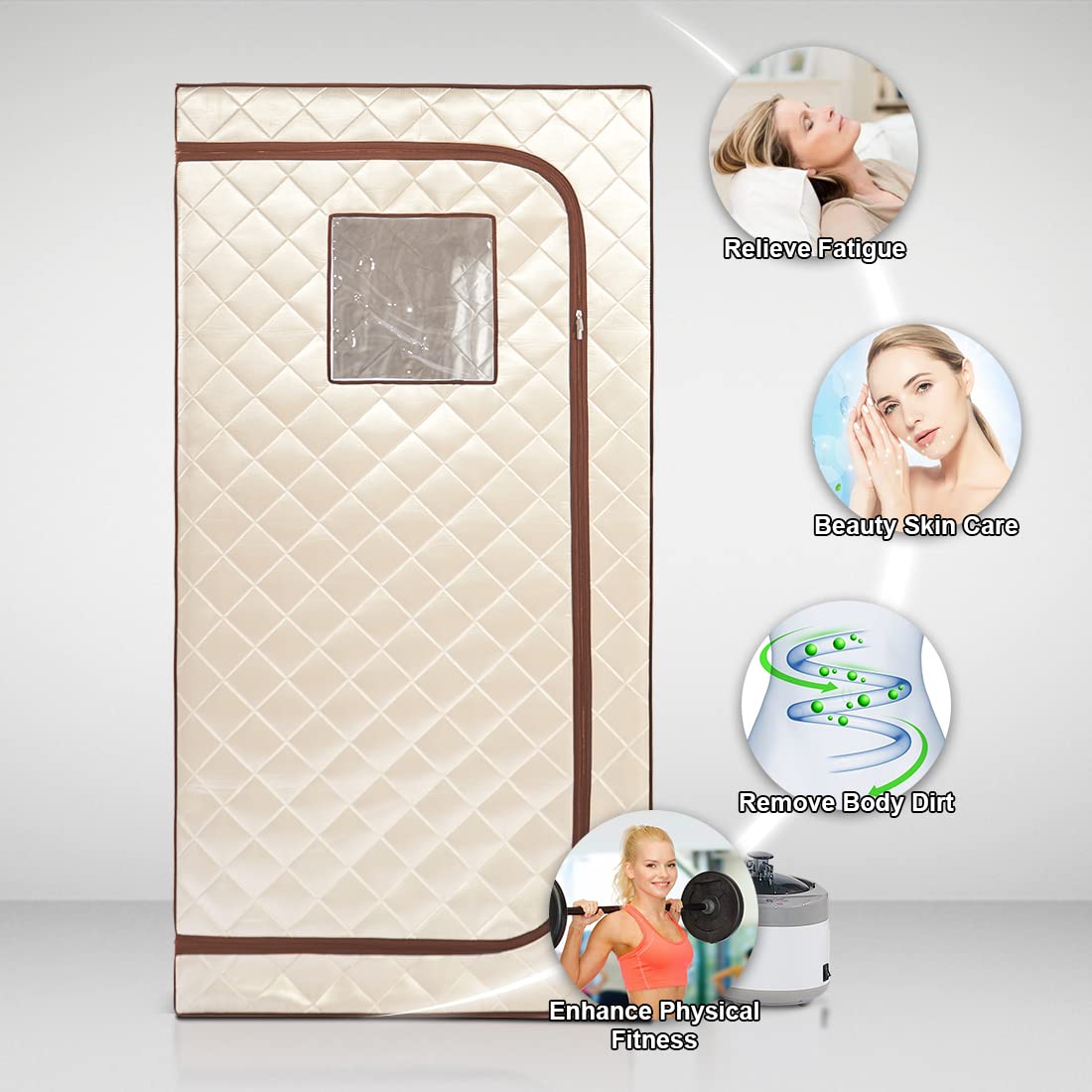 Smartmak Portable Home Steam Sauna - Full Size Personal Sauna Spa Box with 1500W Steam Generator, 4L Water Tank & 99 Min Timer | Foldable Chair & Mat Included | Remote Control | Beige Brown | Perfect for Home Relaxation, Detox & Muscle Recovery