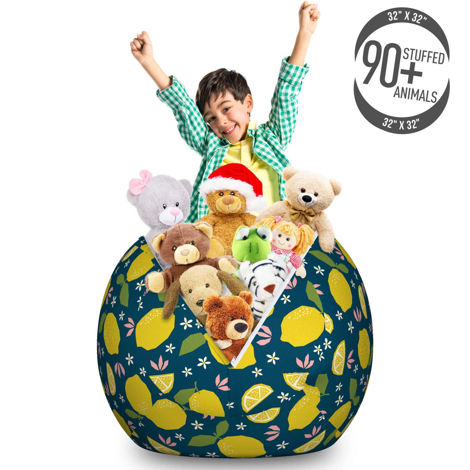 Ambesonne Fruit Storage Toy Bag Chair - Large Washable Organizer with Lemons & Flowers Cartoon Print in Petrol Blue & Yellow | Perfect for Kids' Room, Nursery Storage & Pet Toy Organization