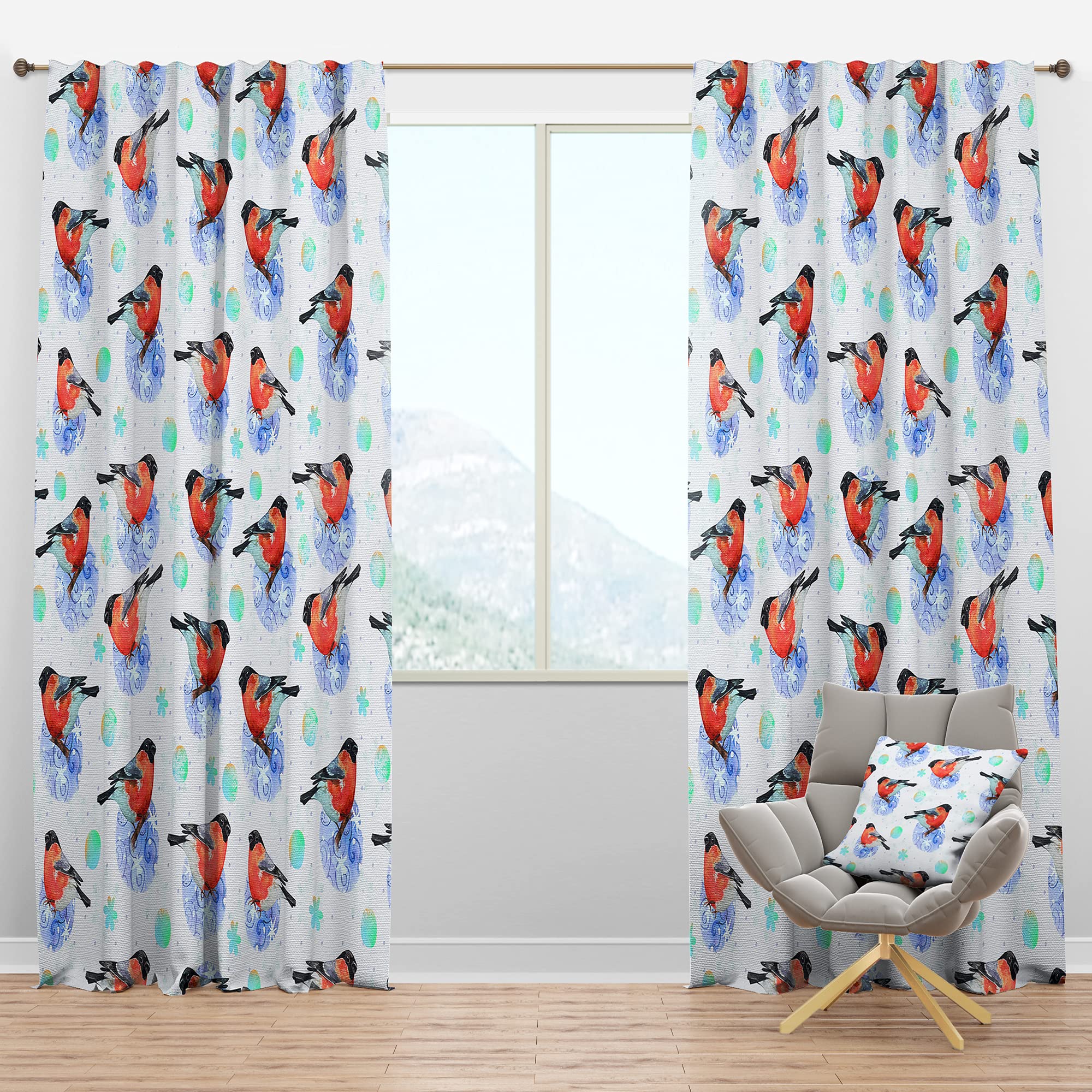 Thermal Insulated Blackout Curtains - Bullfinch Bird on Abstract Doodle Circles Design - Single Panel 52x120 Inches - Perfect for Bedroom & Living Room (Blocks Light, Reduces Noise, Saves Energy)