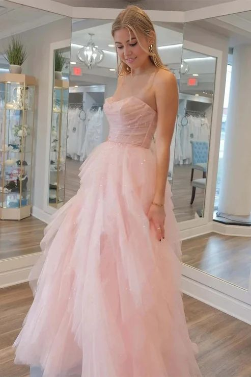 Light Pink A-Line Long Prom Dresses Strapless Tulle Ball Gown for Birthday Party, Homecoming, Quinceañera, and Formal Events - Style J4260