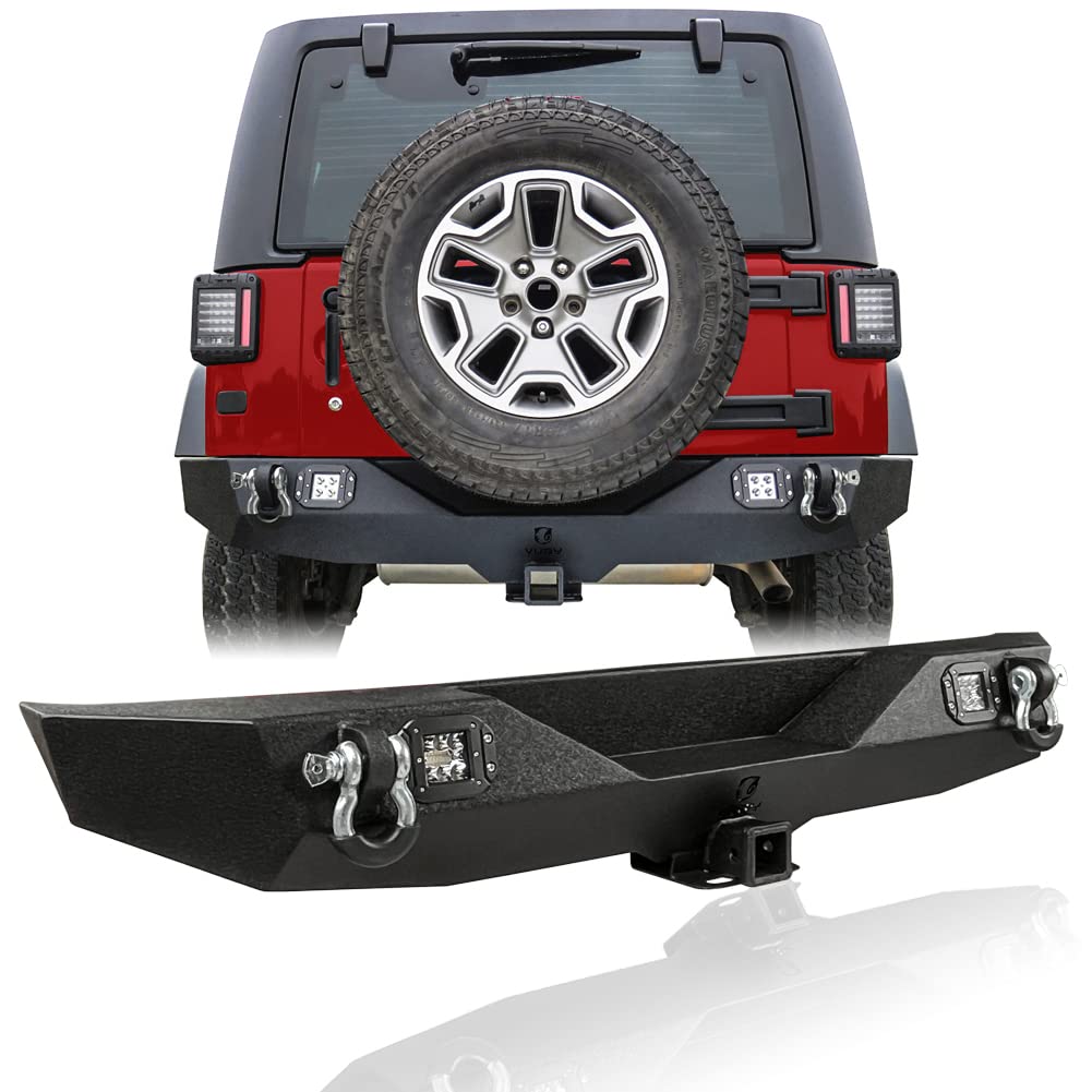 TIOYAR Black Textured Rear Bumper for 2007-2017 Jeep Wrangler JK & JKU - 2 LED Lights, 2