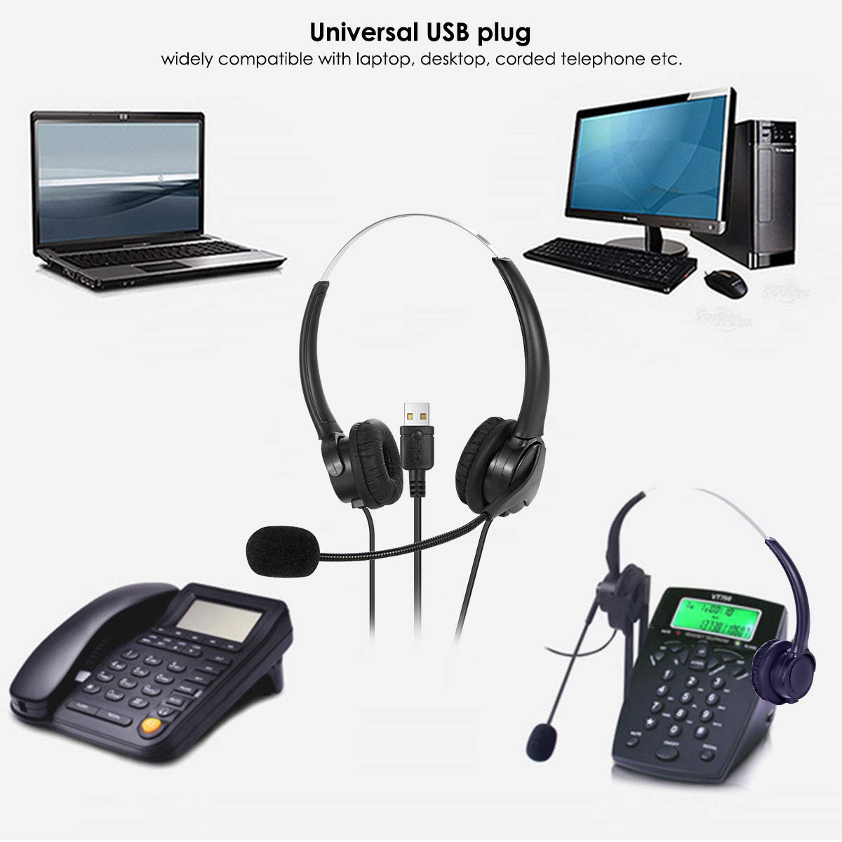 Wallfire USB Wired Gaming Headset with Noise Cancelling Microphone - Stereo Sound Headphones for PC, Laptop, Office, Call Centers (2M Cable, In-Line Volume Control) - Perfect for Online Classes, Teaching, Video Conferencing & Remote Work