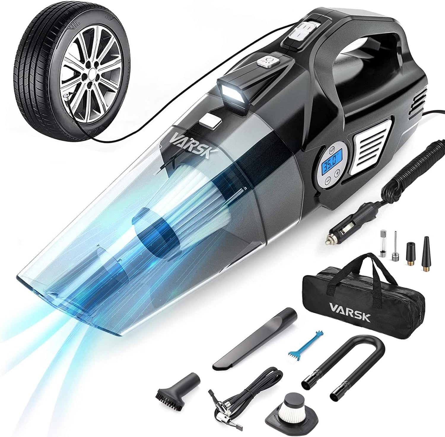 VARSK 4-in-1 High Power Car Vacuum Cleaner & Tire Inflator - 12V DC Portable Auto Vac with Digital Tire Pressure Gauge, LCD Display, LED Light & 15FT Cord - Perfect for Car Cleaning, Emergency Tire Inflation, Road Trips & Camping Accessories