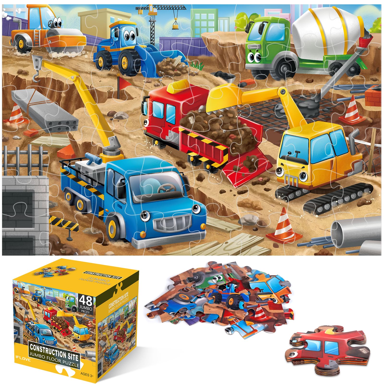 Jumbo Construction Site Floor Puzzle for Kids - 48pc Toddler Educational Toy for Ages 3-8 | Perfect for Preschool Learning & Playtime Gifts