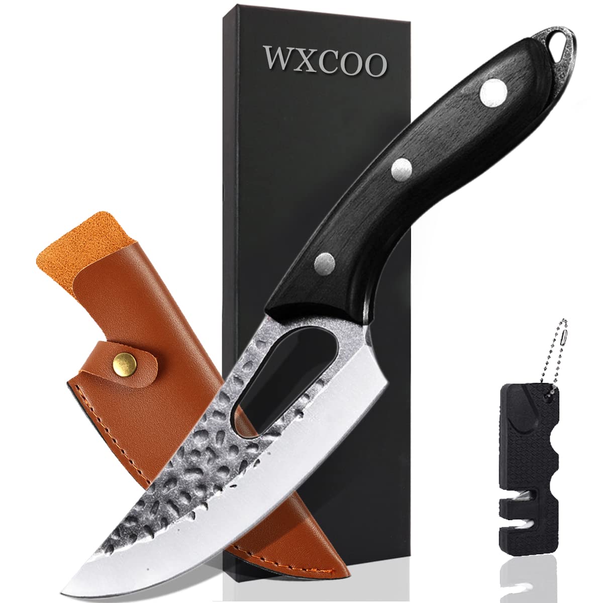 WXCOO 5.9-Inch Hand Forged Viking Boning Knife with Leather Sheath & Sharpener - Professional Butcher Cleaver for Meat Cutting, Camping, Outdoor BBQ & Home Kitchen Use