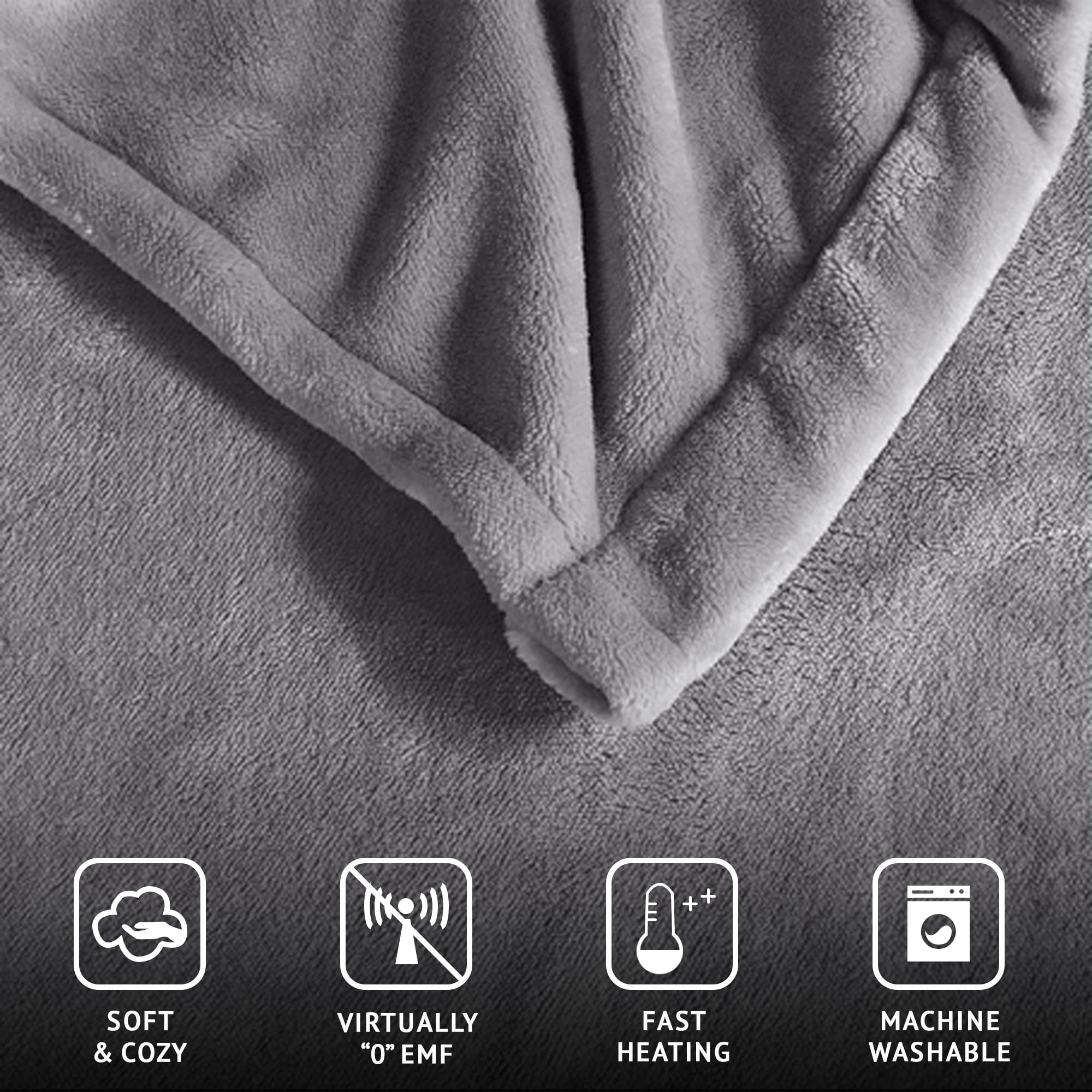 Beautyrest Electric Heated Blanket King Size (90x100 Inches) - Fast Heating, Auto Shut Off, 10 Heat Settings, Ultra-Soft Grey Blanket for Winter | Zero EMF, UL Certified | Perfect for Bed, Couch & Office Use During Cold Weather