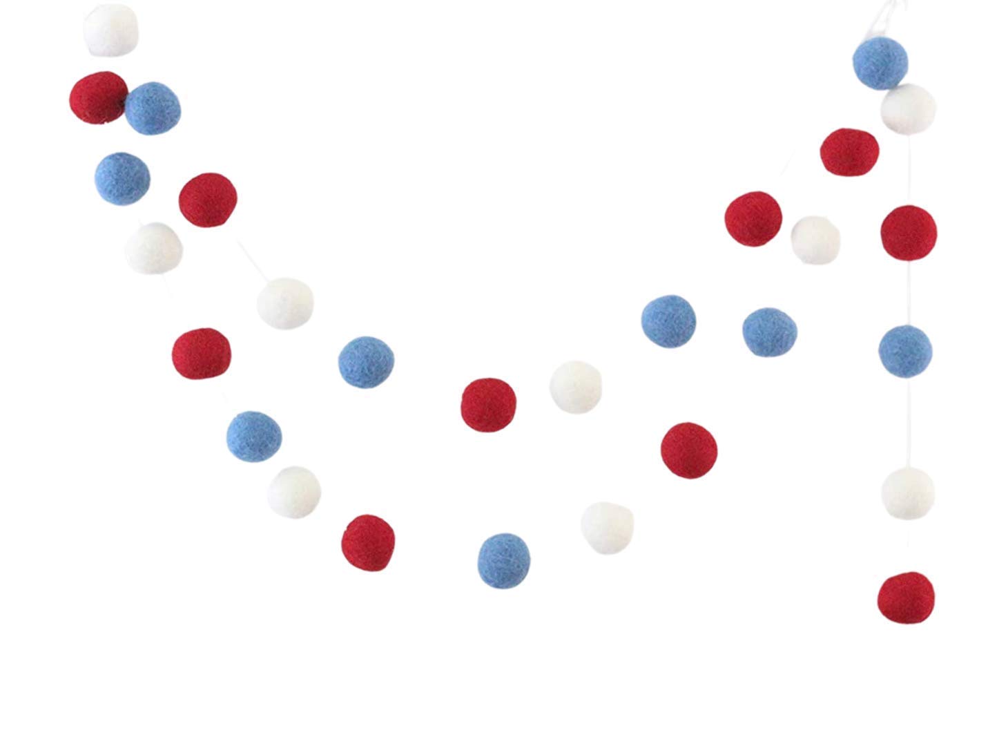 Red White & Blue Adjustable Handmade Felt Ball Garland - 1 Inch Pom Poms, 7 Feet Long with 28 Felt Balls by Sheep Farm Felt | Perfect for Summer Decorations, 4th of July Parties, Baby Showers & Nursery Wall Decor