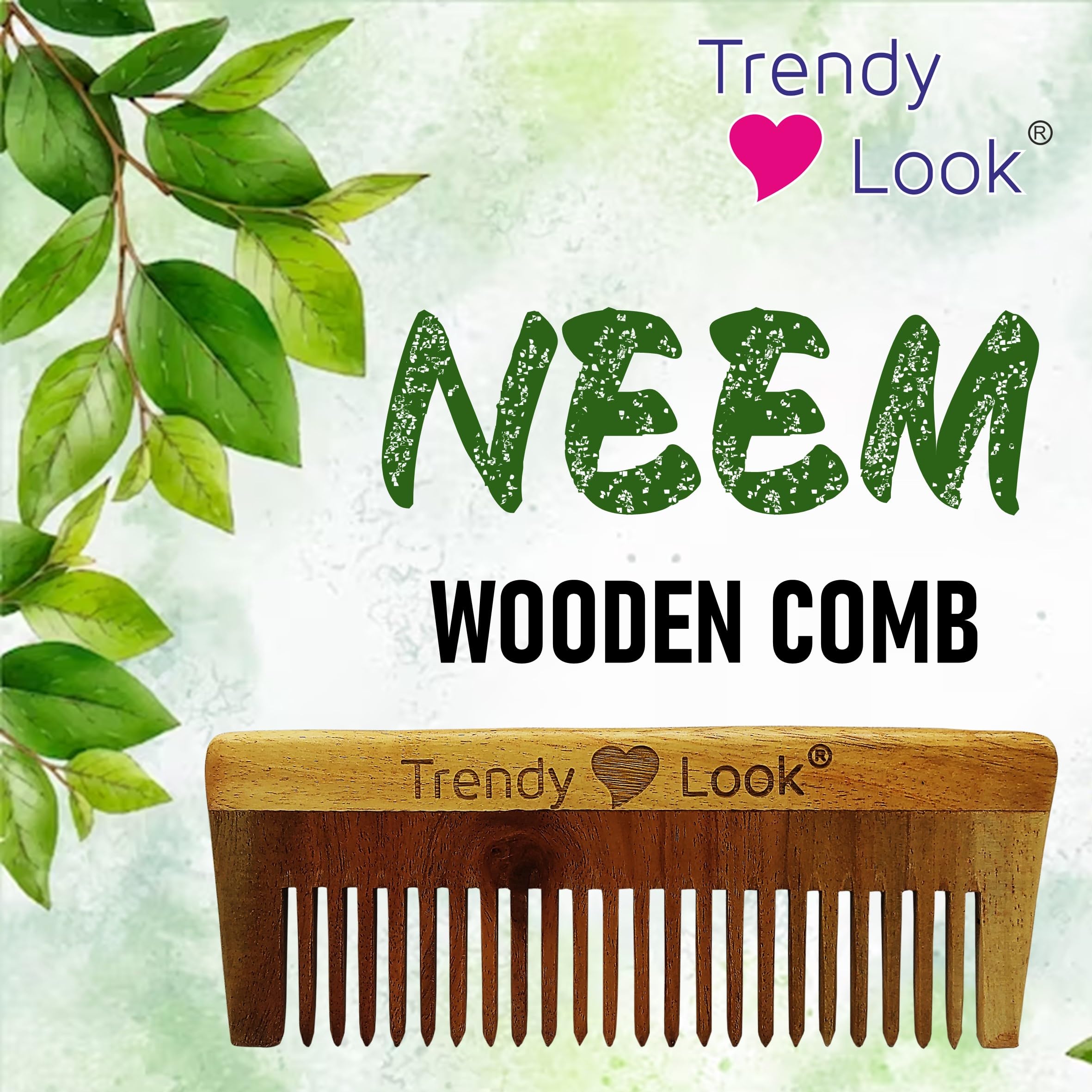 Trendy Multi-Action Detangling Frizz Control Neem Wooden Comb - Double Teeth Lily Design for Smooth Hair & Scalp Care | Perfect for Daily Styling, Travel & Salon Use