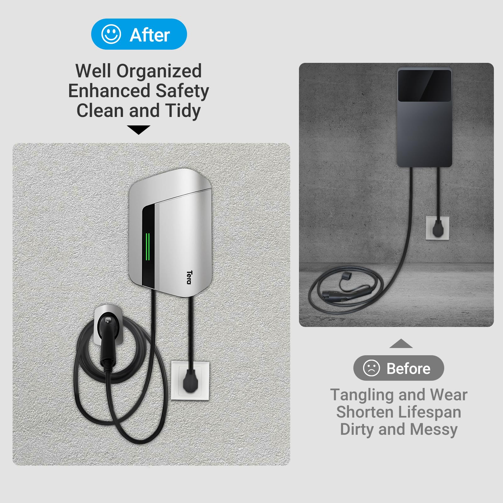 Premium Tera EV Charger Holder for SAE J1772 - Heavy Duty Wall Mount Organizer for Electric Car Charging Cables - Durable Silver Charging Station Accessory - Perfect for Home & Public EV Charging Stations