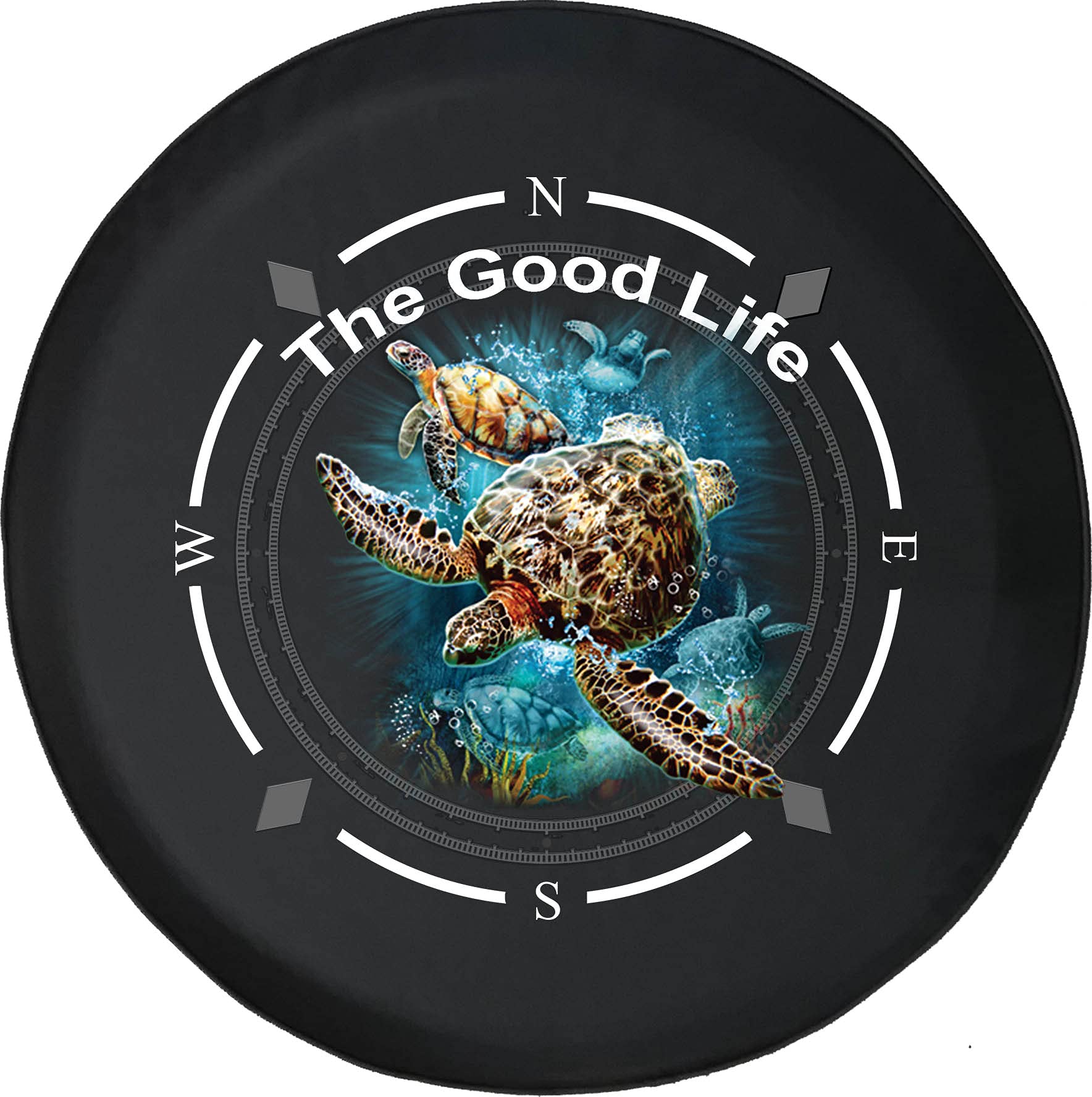 Premium American Unlimited Spare Tire Cover with Compass Design - The Good Life Sea Turtles & Waves Pattern - Universal Fit for SUV, Trailer, RV & Most Vehicles - Perfect for Road Trips & Outdoor Adventures